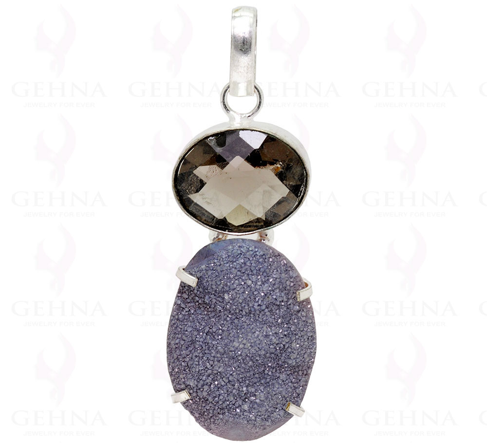 Smokey Quartz & Druzy Gemstone Studded Pendant In .925 Silver Overlay GP2214