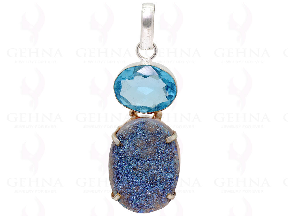 Blue Topaz & Sea Blue Druzy .925 Sterling Silver Overlay Pendant GP2224