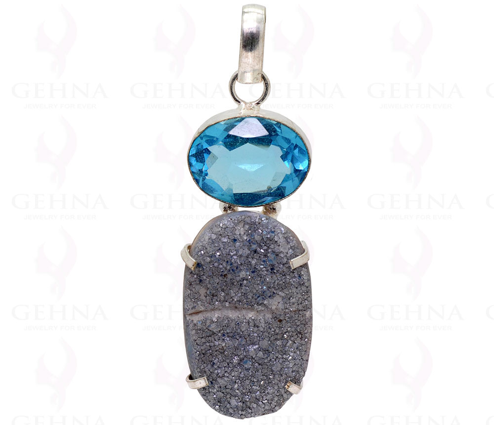 Blue Topaz & Black Druzy .925 Sterling Silver Overlay Pendant GP2242