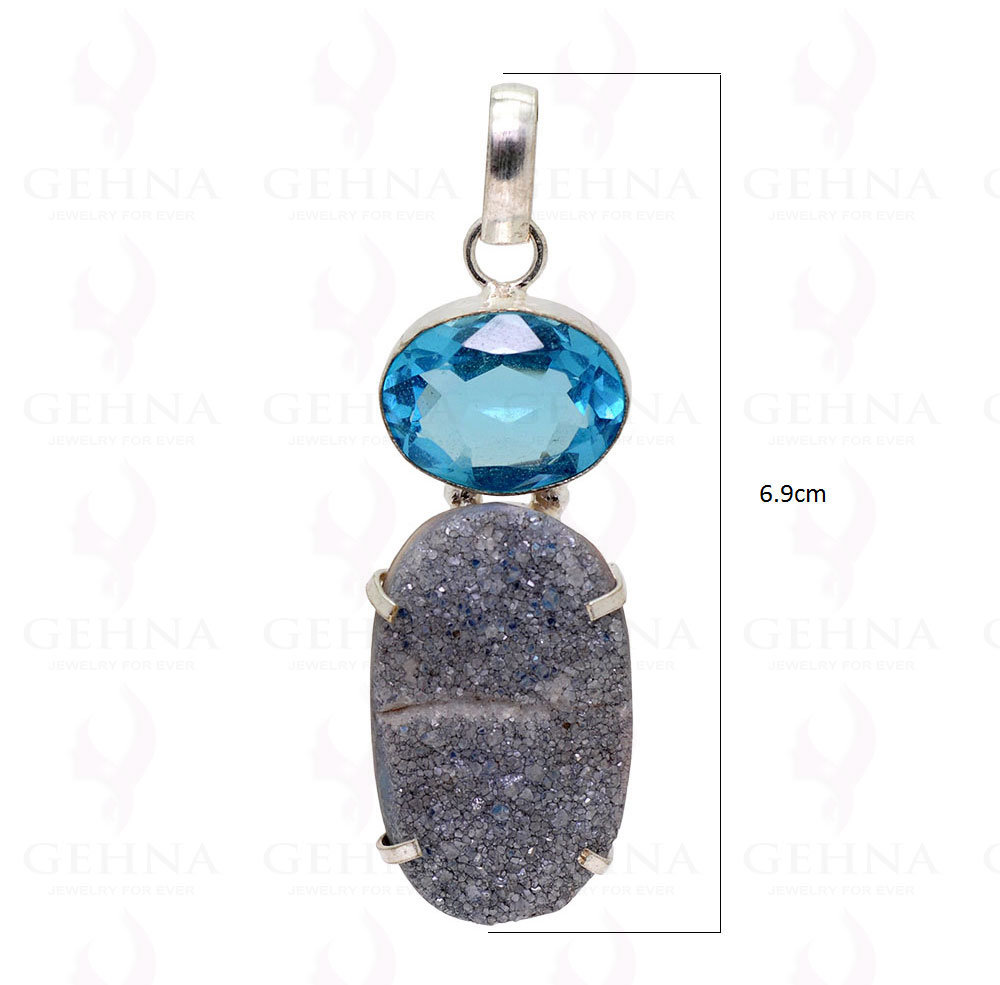 Blue Topaz & Black Druzy .925 Sterling Silver Overlay Pendant GP2242