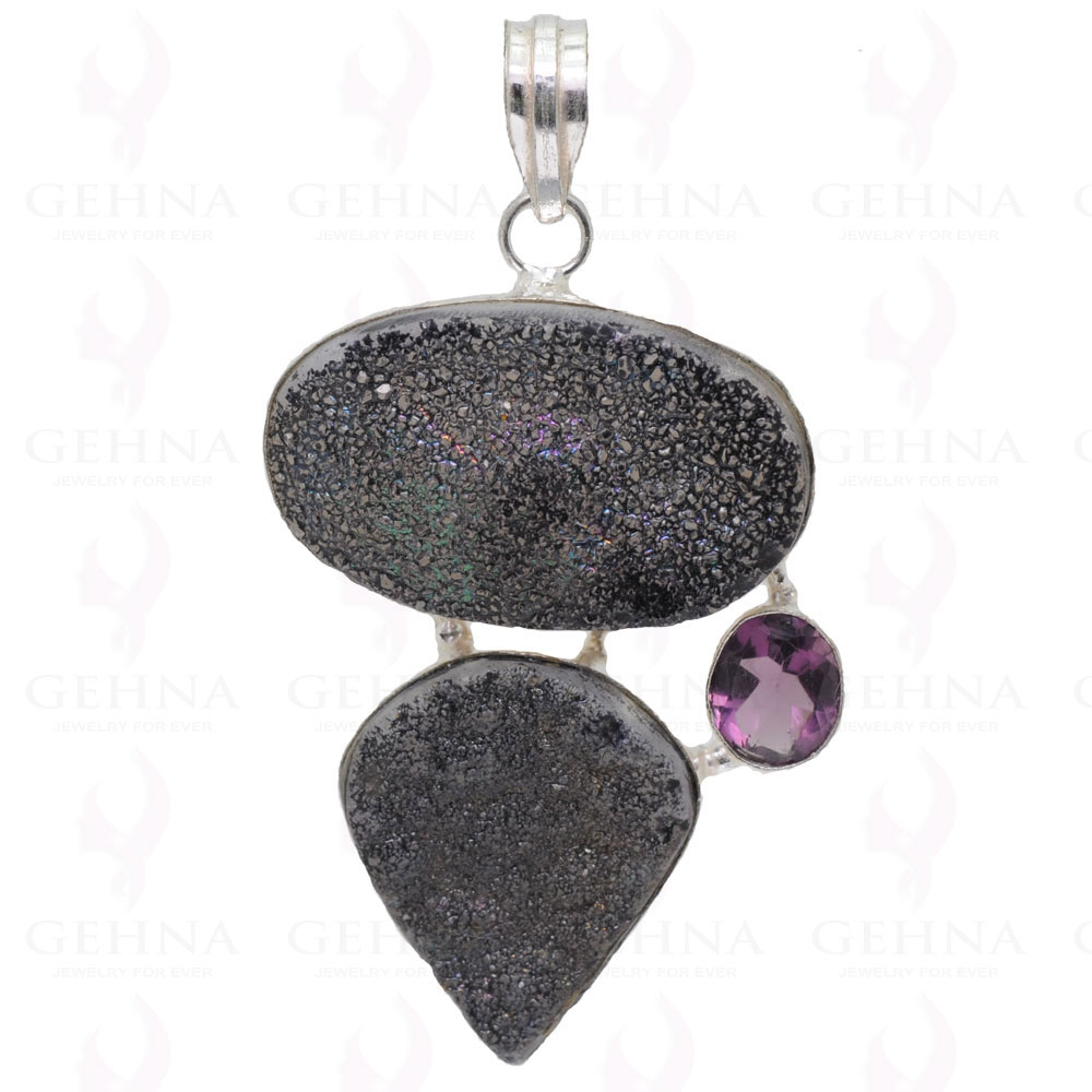 Black Druzy & Amethyst .925 Sterling Silver Overlay Pendant GP2245