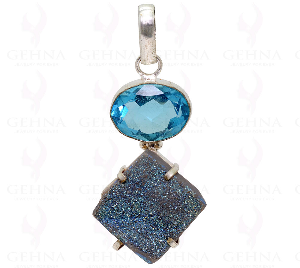 Blue Topaz & Blue Druzy .925 Sterling Silver Overlay Pendant GP2253