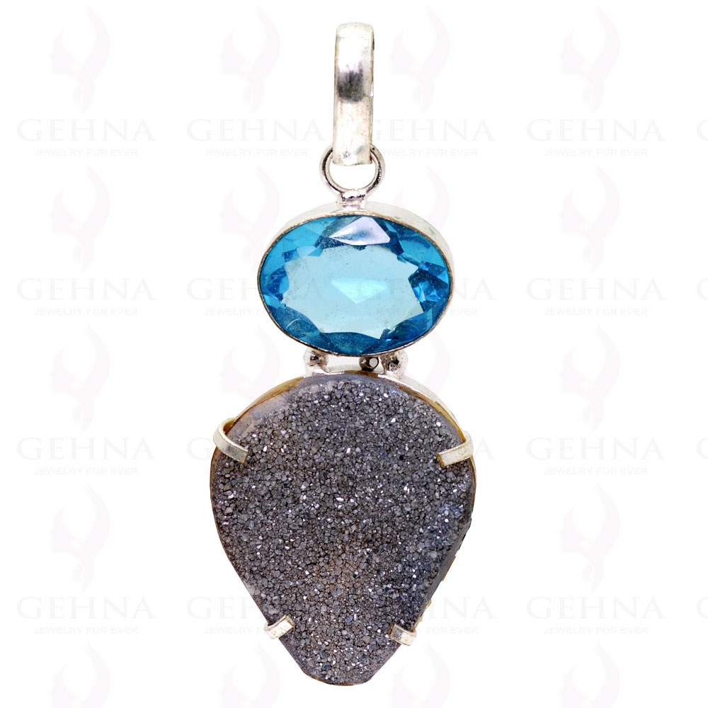 Blue Topaz & Black Druzy .925 Sterling Silver Overlay Pendant GP2270