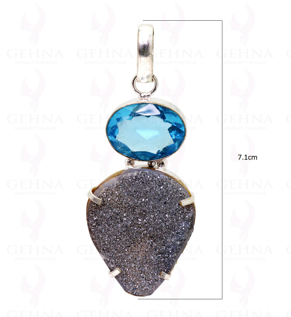 Blue Topaz & Black Druzy .925 Sterling Silver Overlay Pendant GP2270