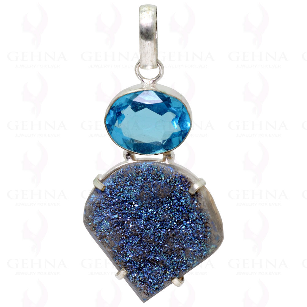 Blue Topaz & Blue Color Druzy Gemstone Pendant In .925 Silver Overlay GP2291