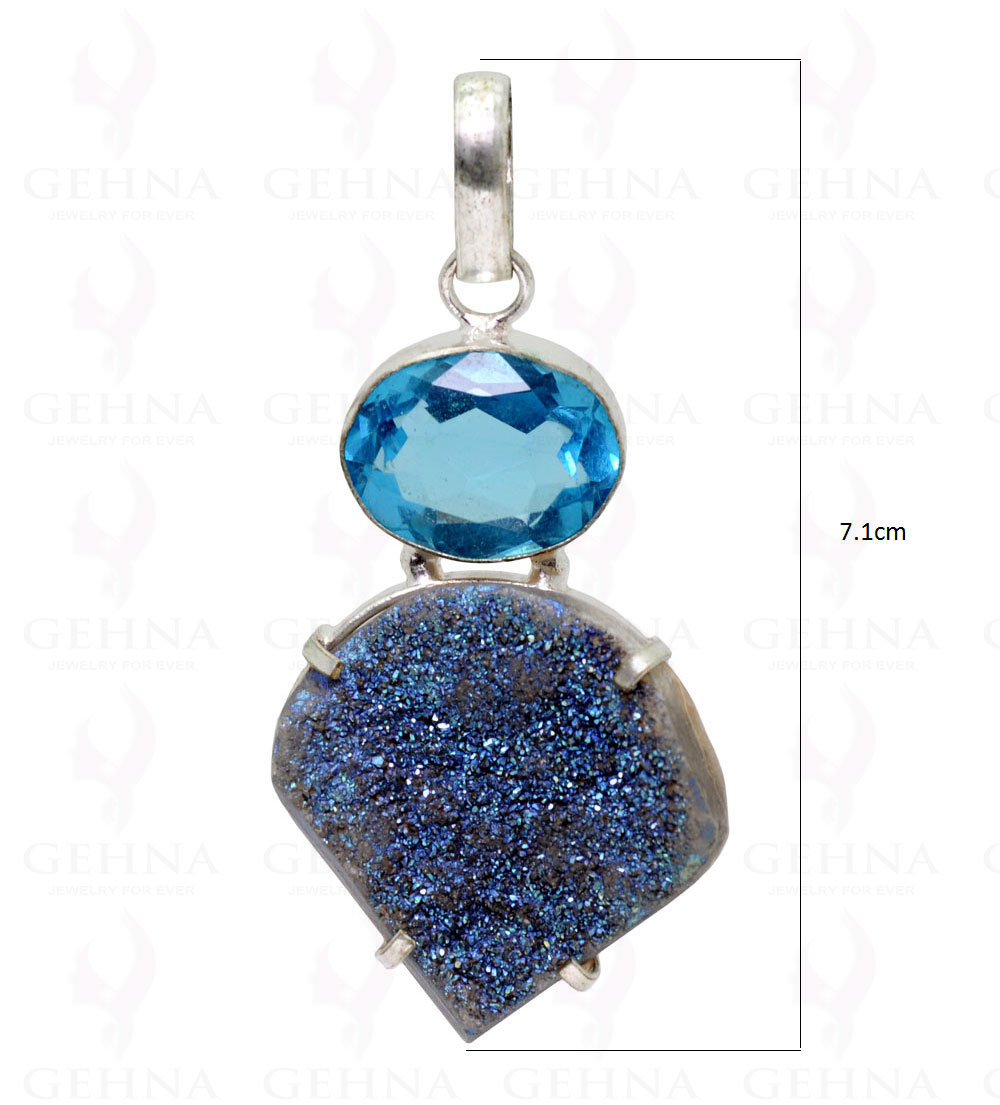 Blue Topaz & Blue Color Druzy Gemstone Pendant In .925 Silver Overlay GP2291