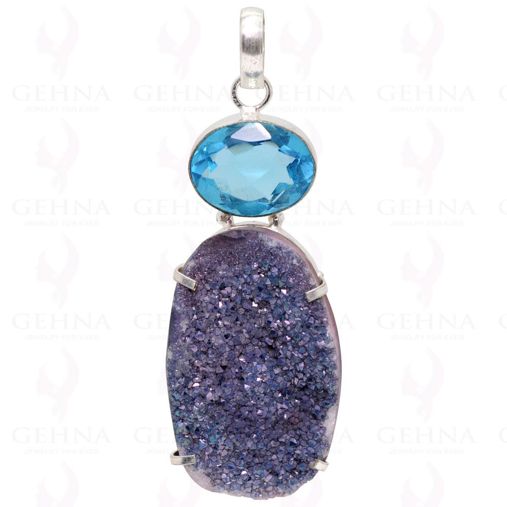 Blue Topaz, Black Druzy .925 Sterling Silver Overlay Pendant GP2328