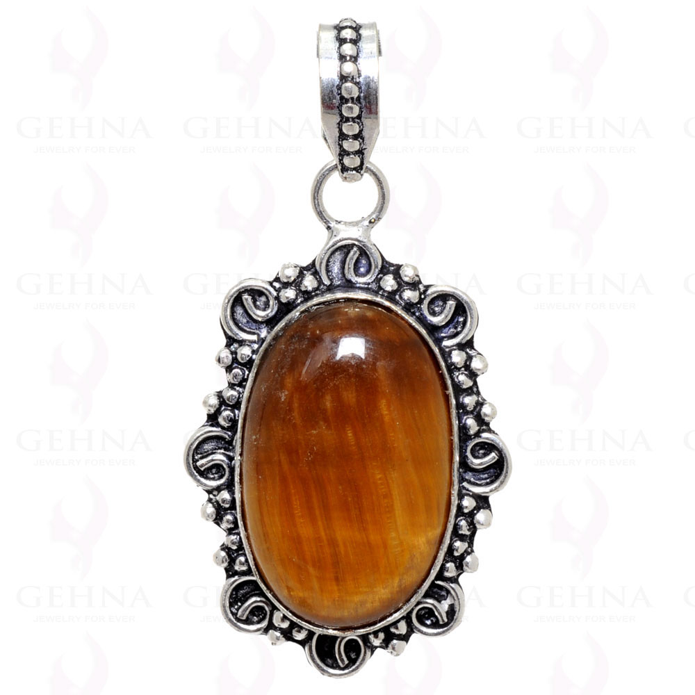 Tiger Eye Gemstone Round Shaped Pendant In 925 Sterling Silver Overlay GP2388