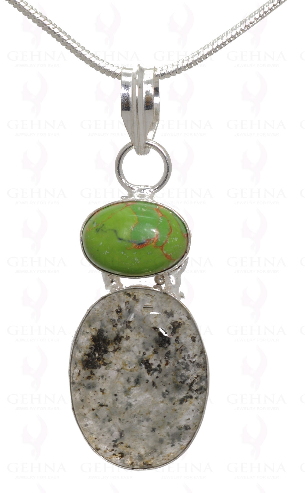 Green Turquoise & Rutile Gemstone Pendant In .925 Silver Overlay Metal GP3131