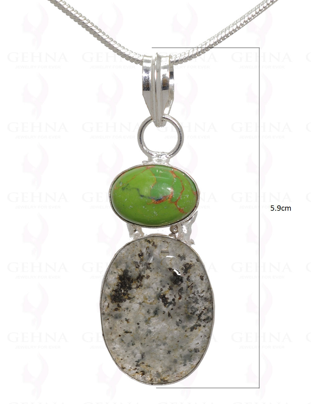 Green Turquoise & Rutile Gemstone Pendant In .925 Silver Overlay Metal GP3131
