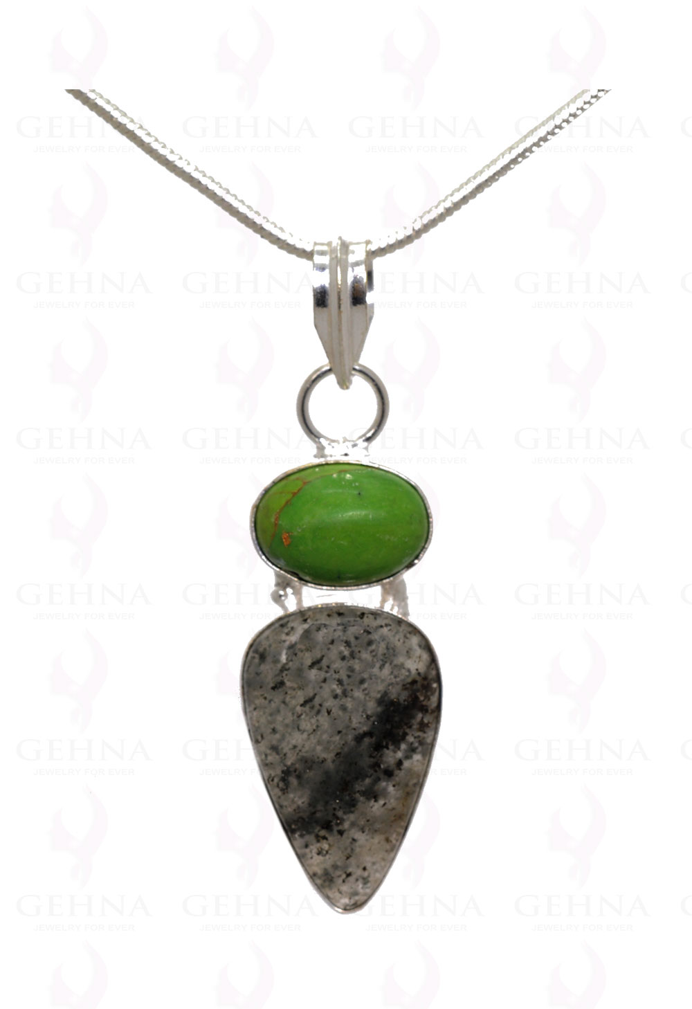 Green Turquoise & Rutile Gemstone Pendant In .925 Silver Overlay Metal GP3142