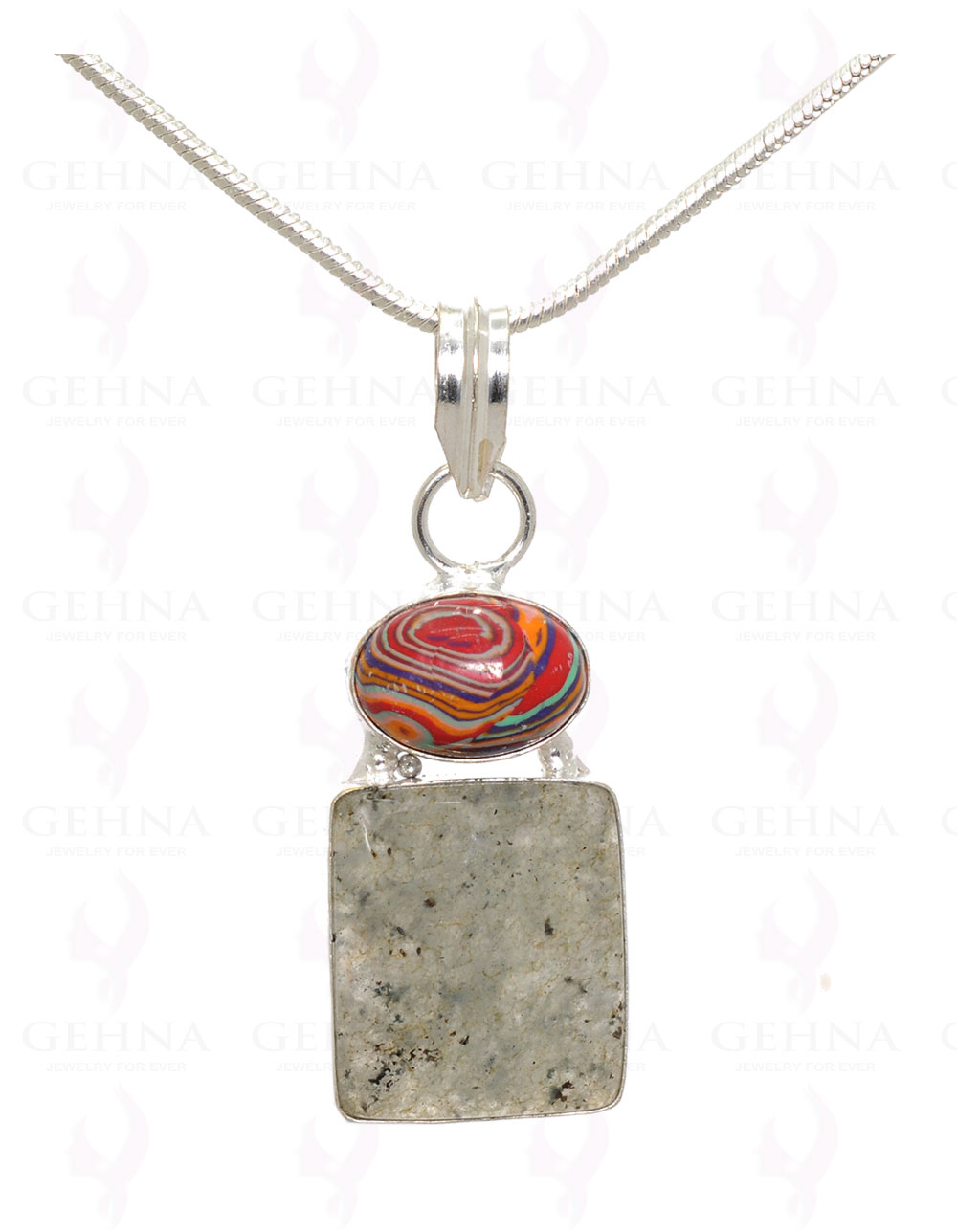 Rainbow Jasper & Rutile Gemstone Pendant In .925 Silver Overlay Metal GP3167