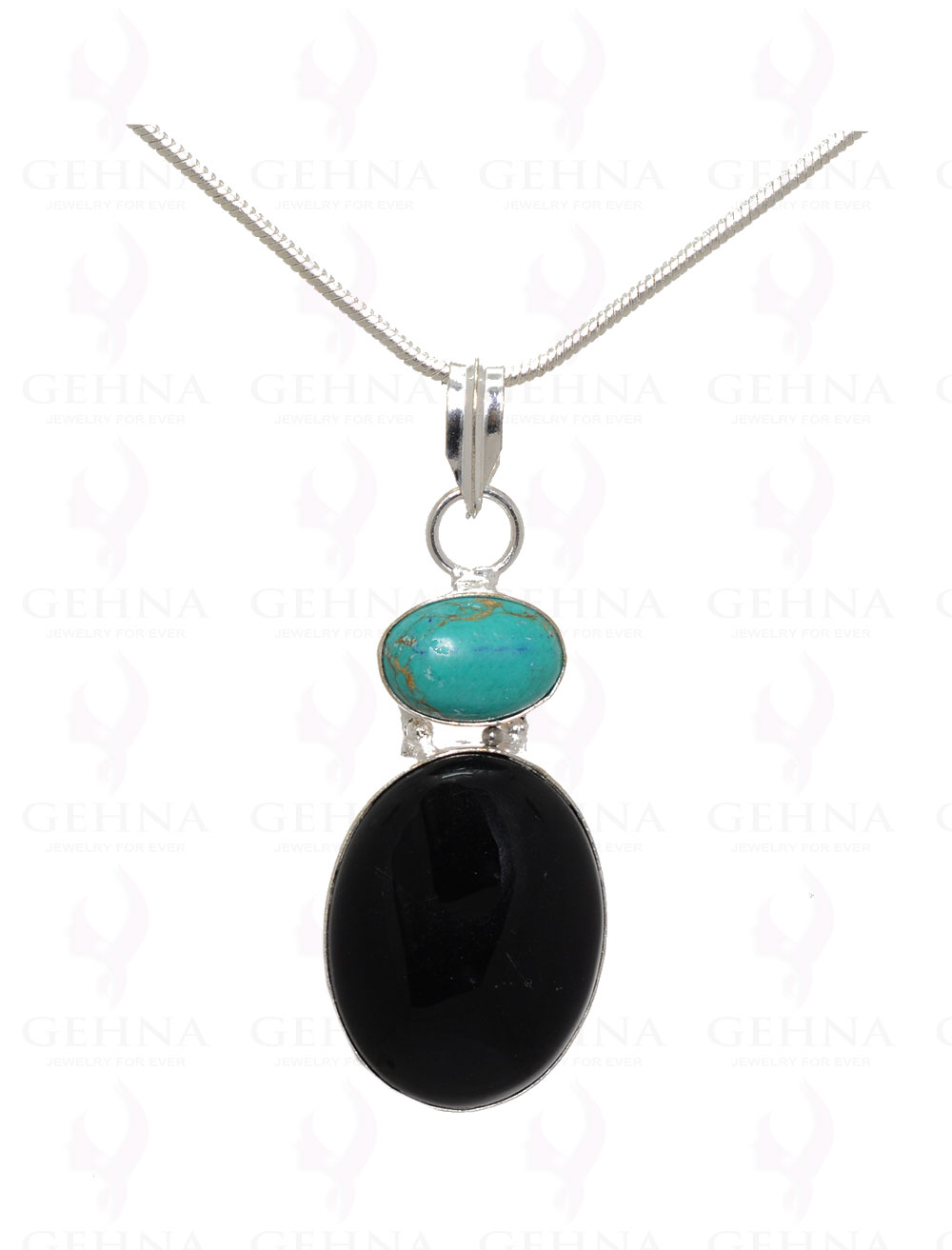 Turquoise & Black Onyx Gemstone Pendant In .925 Silver Overlay Metal GP3211