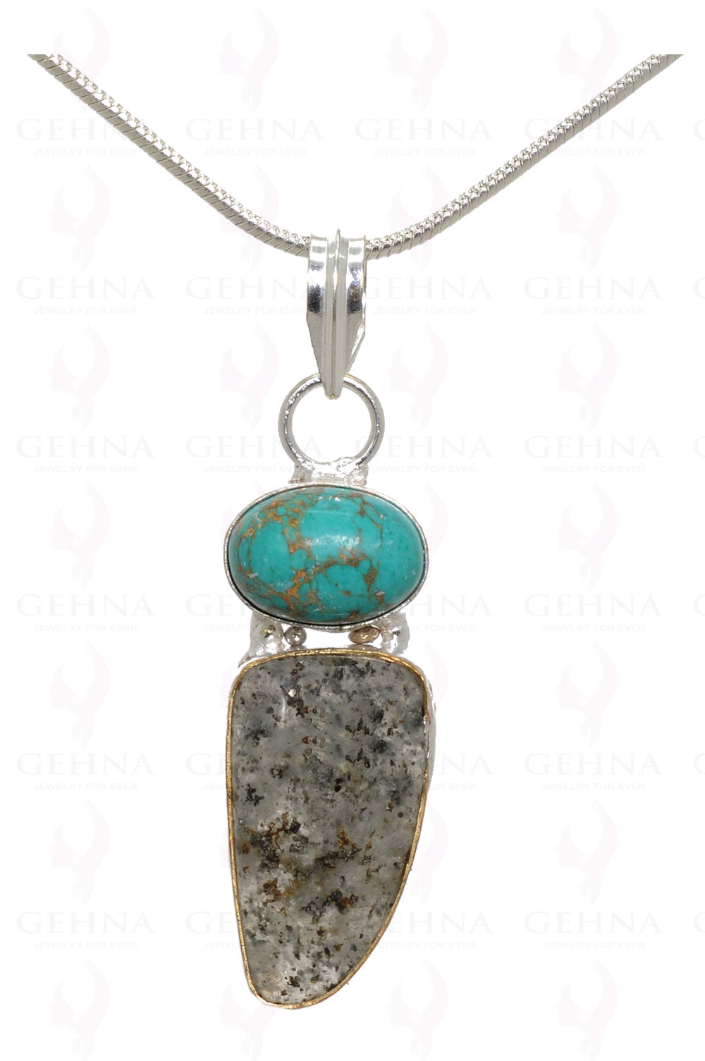 Turquoise & Rutile Quartz Gemstone Pendant In .925 Silver Overlay Metal GP3227
