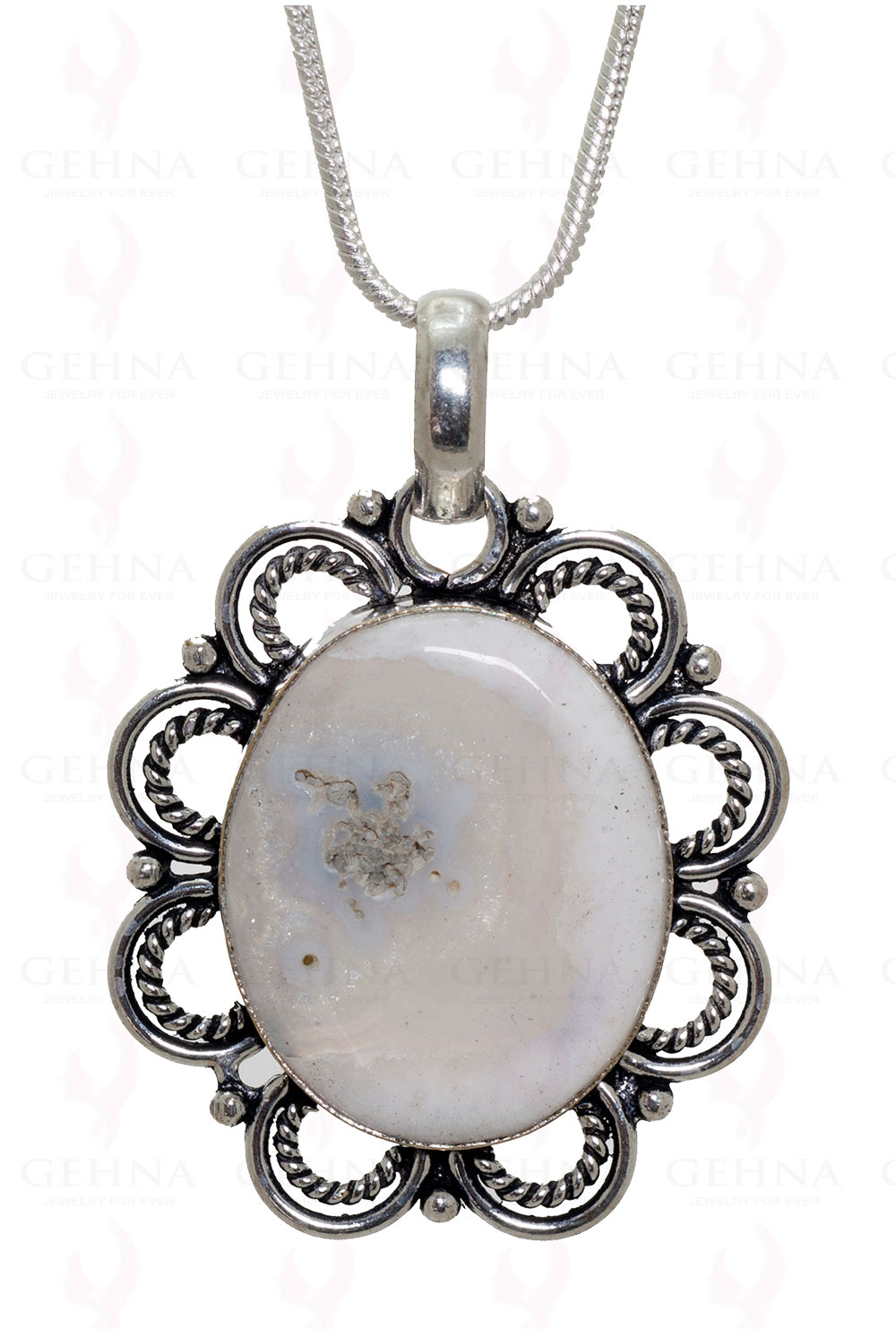 Druzy White Agate Gemstone Pendant In.925 Sterling Overlay Silver GP3392