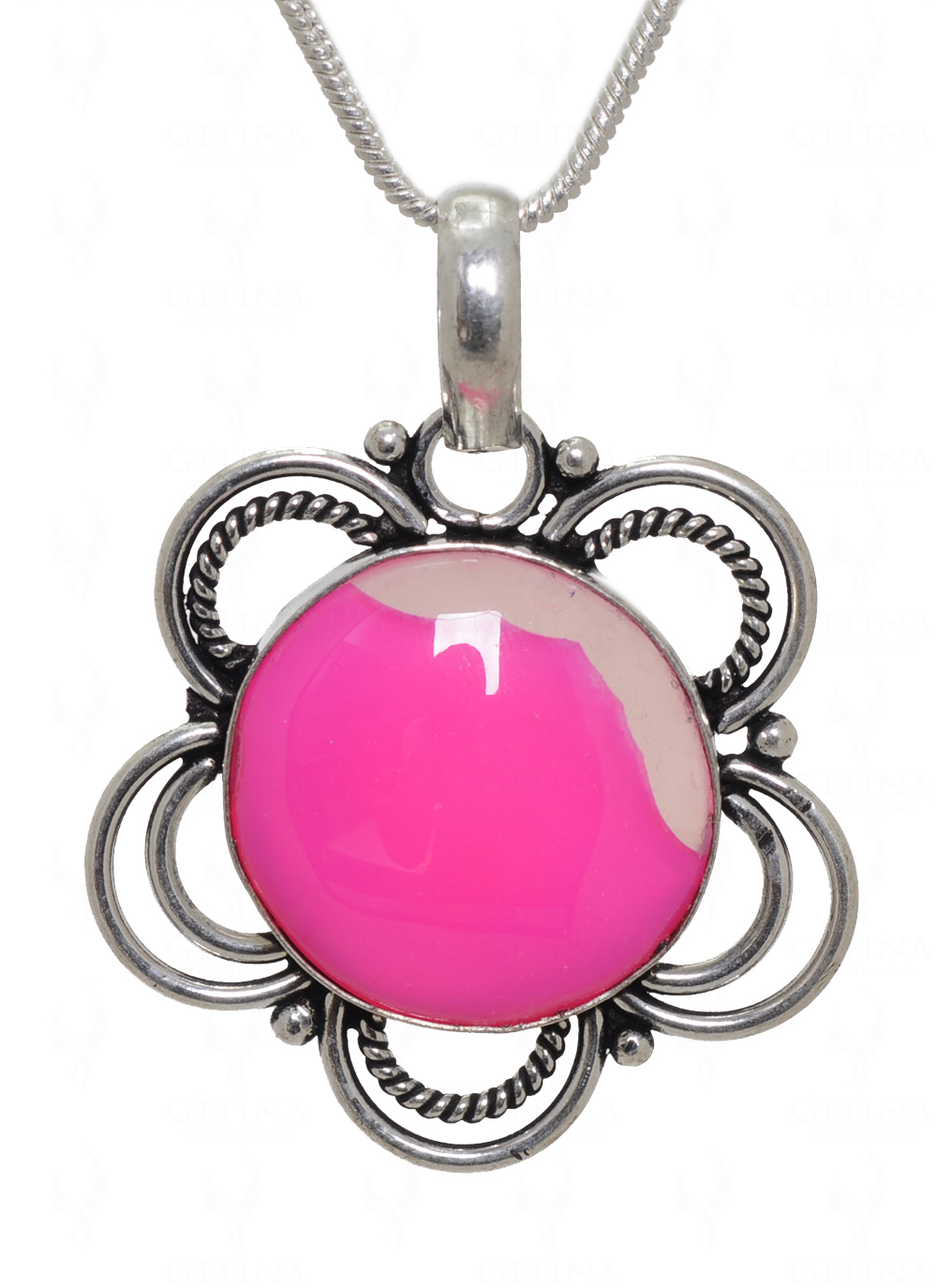 Pink Chalcedony Gemstone Studded Pendant In.925 Silver Overlay GP3623