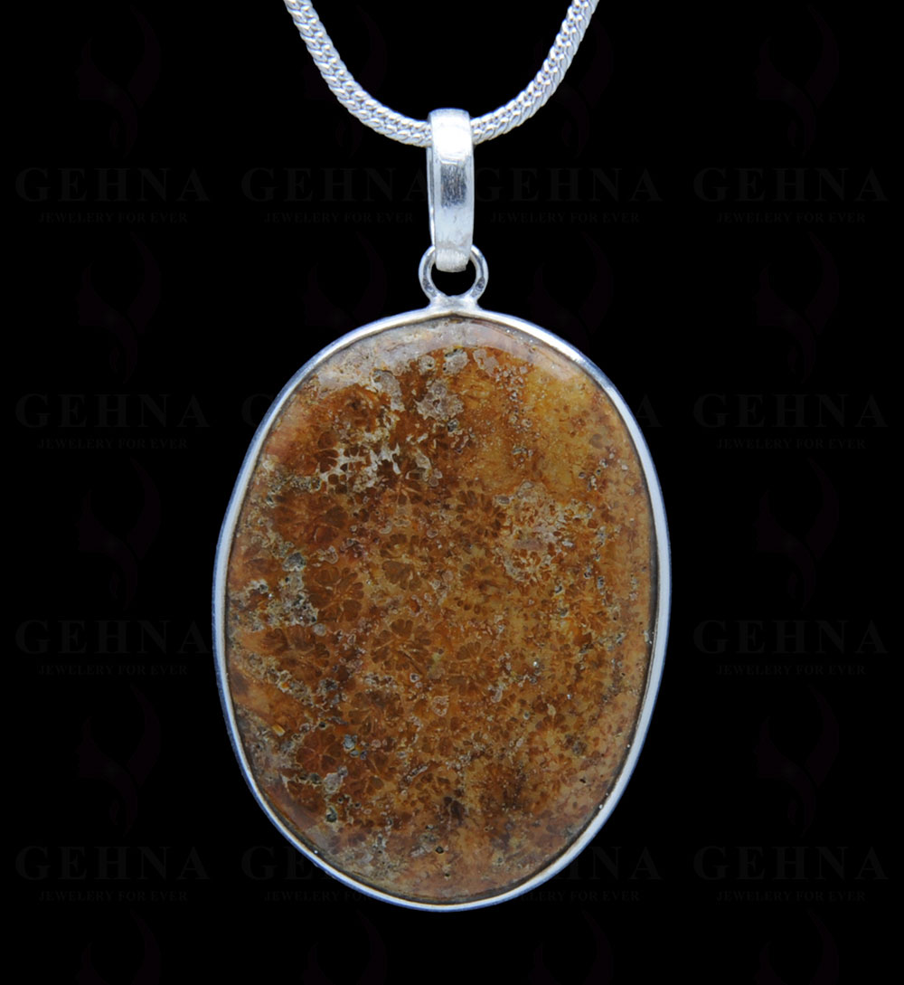 Fossil Jasper Gemstone Studded Pendant In.925 Silver Overlay GP3848