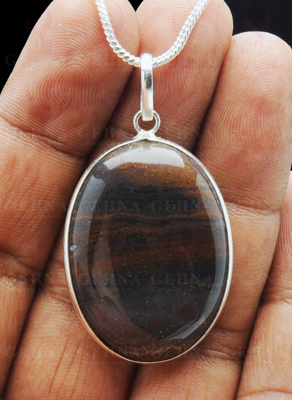 Iron Tiger’S Eye Gemstone Studded Pendant In.925 Silver Overlay GP3992
