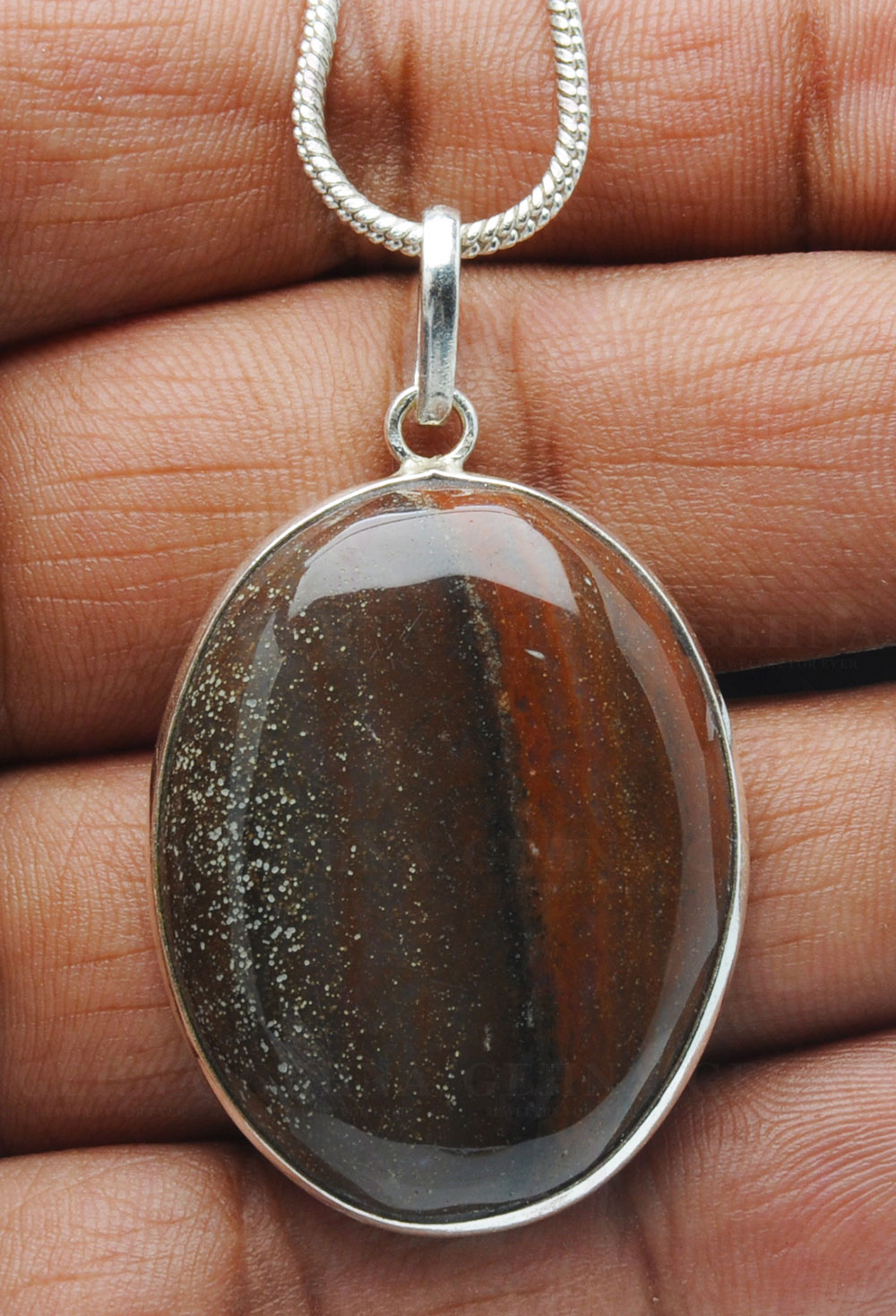 Iron Tiger’S Eye Gemstone Studded Pendant In.925 Silver Overlay GP4105