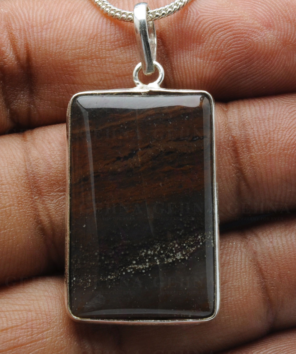 Iron Tiger’S Eye Gemstone Studded Pendant In.925 Silver Overlay GP4155