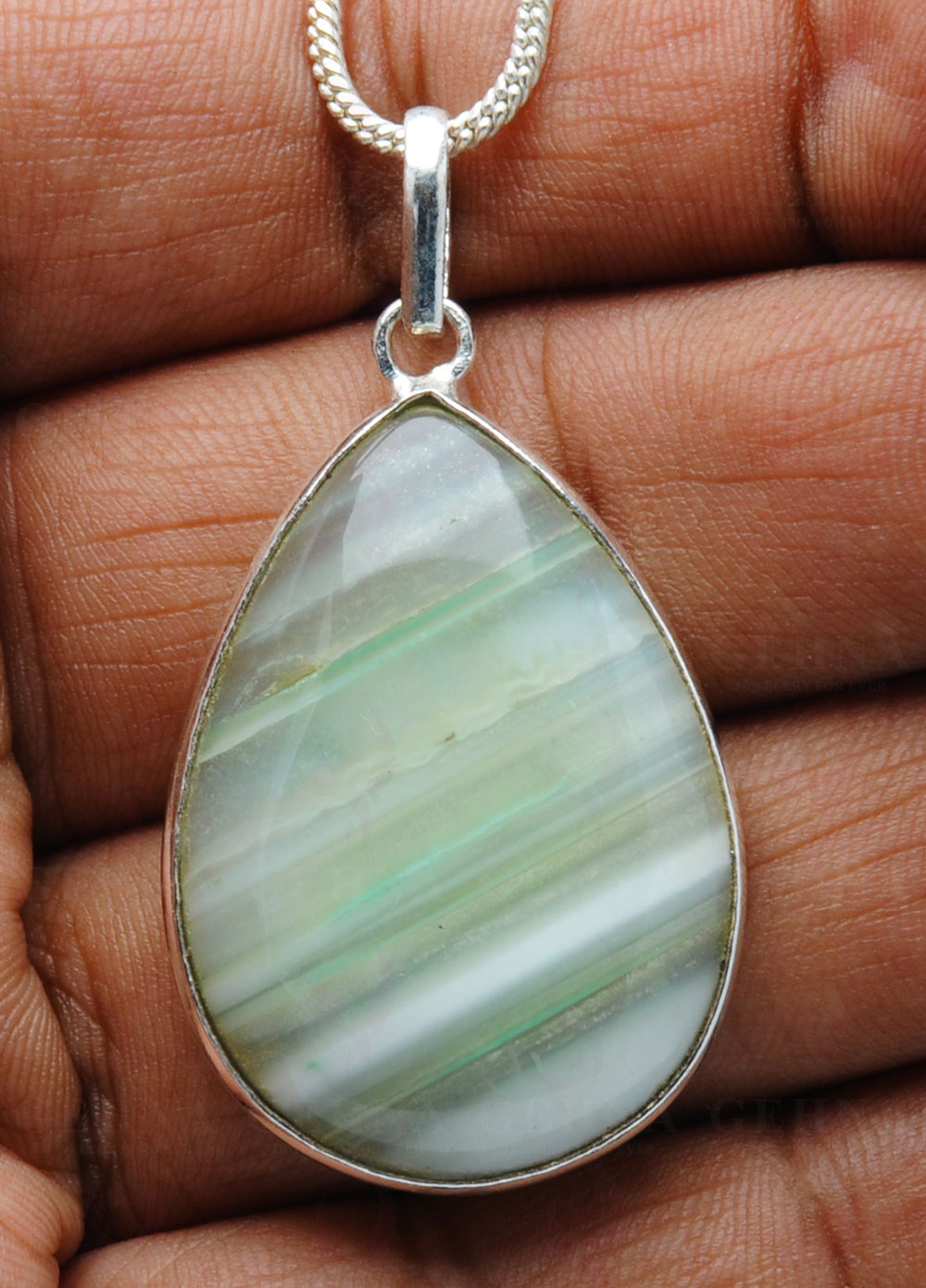 Green Banded Agate Gemstone Studded Pendant In.925 Silver Overlay GP4195