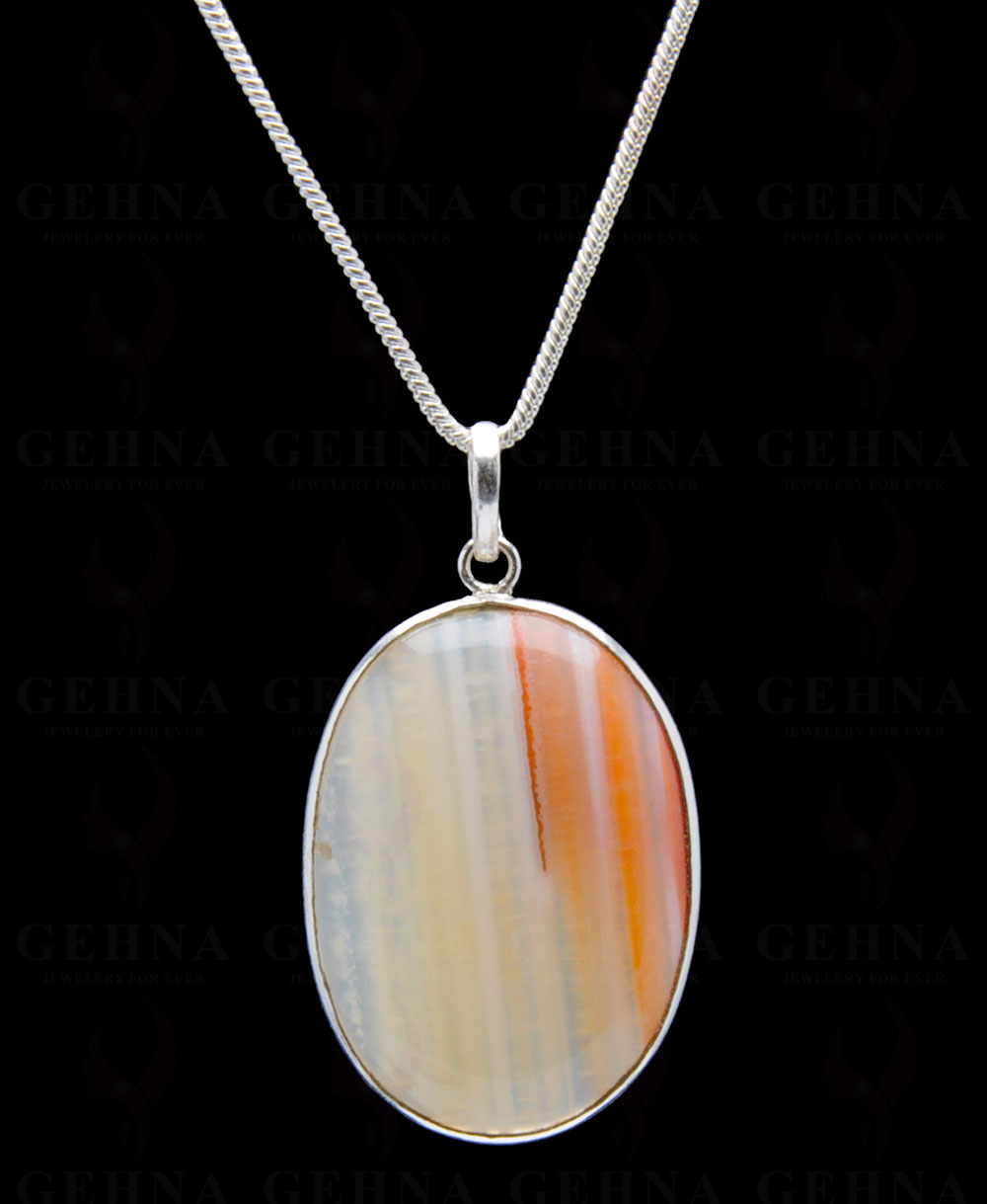 Orange Banded Agate Gemstone Studded Pendant In.925 Silver Overlay GP4243