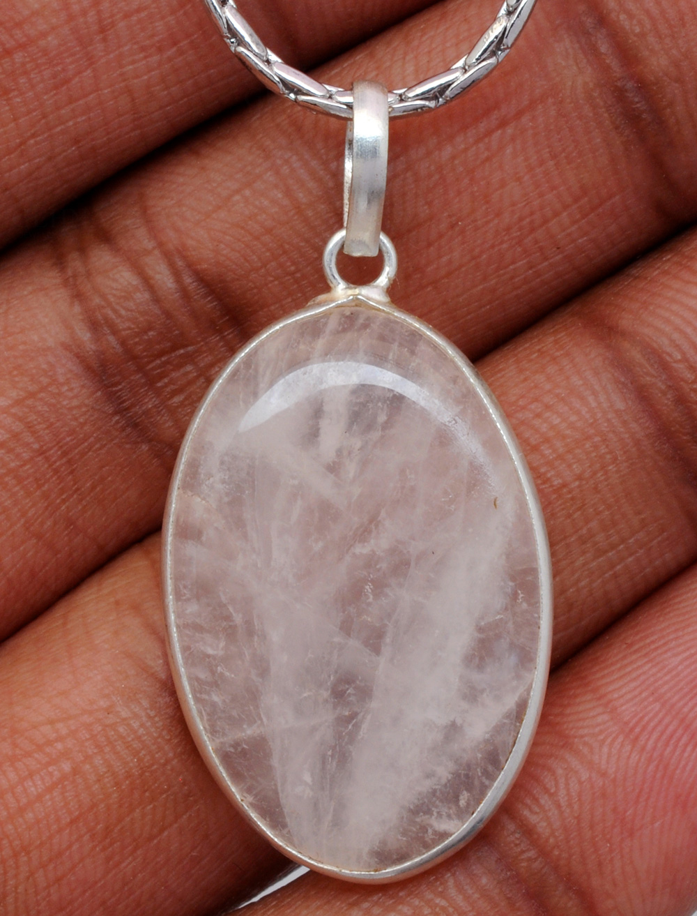 Rose Quartz Oval Shape Stone Studded Silver Plated Pendant GP4705