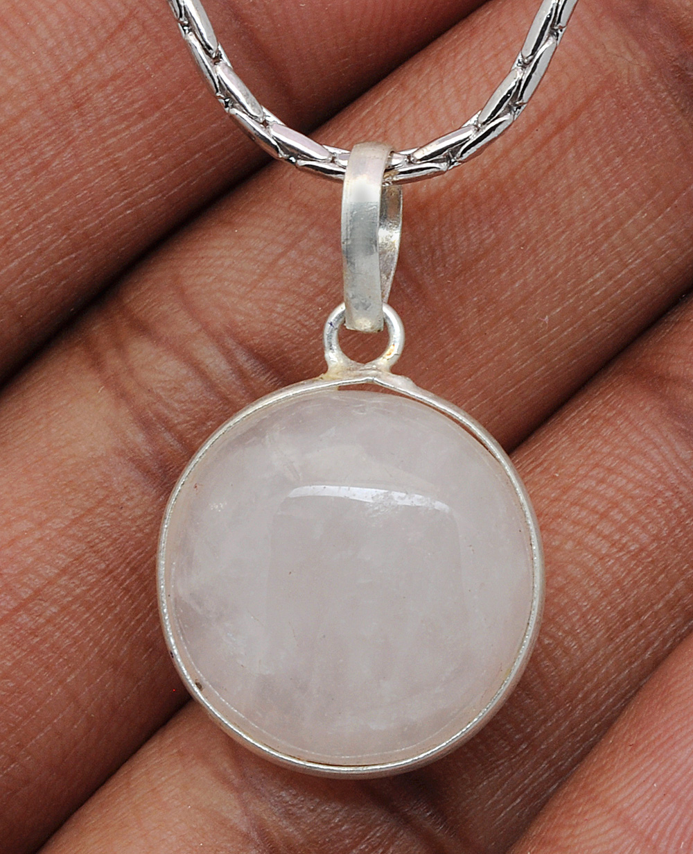 Rose Quartz Round Shape Stone Studded Silver Plated Pendant GP4712