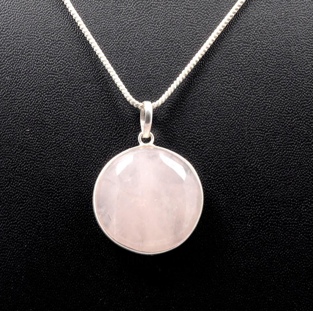 Pink Chalcedony Round Shape Stone Studded Silver Plated Pendant GP4790