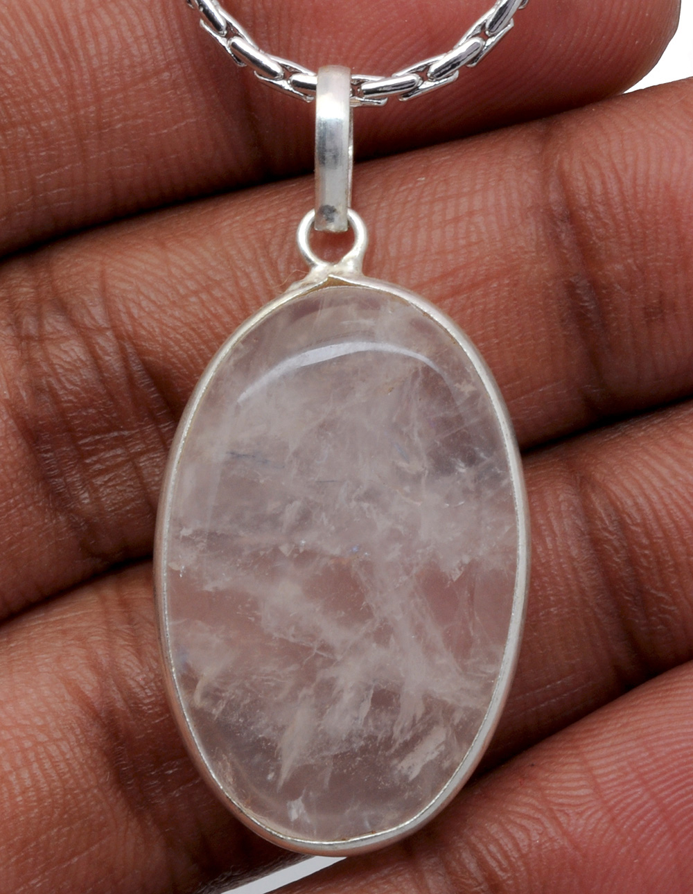 Rose Quartz Oval Shape Stone Studded Silver Plated Pendant GP4835