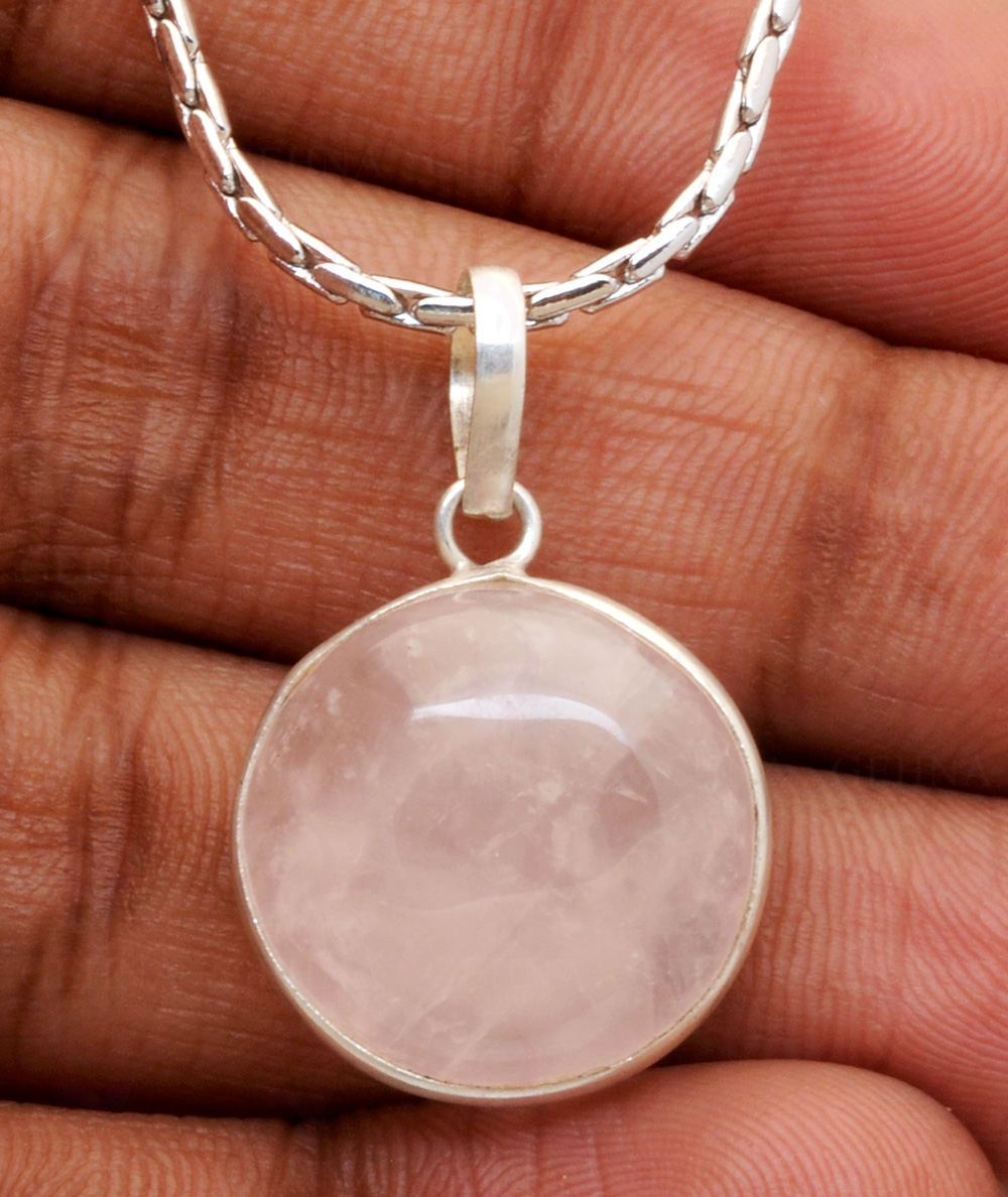Pink Chalcedony Round Shape Stone Studded Silver Plated Pendant GP4854