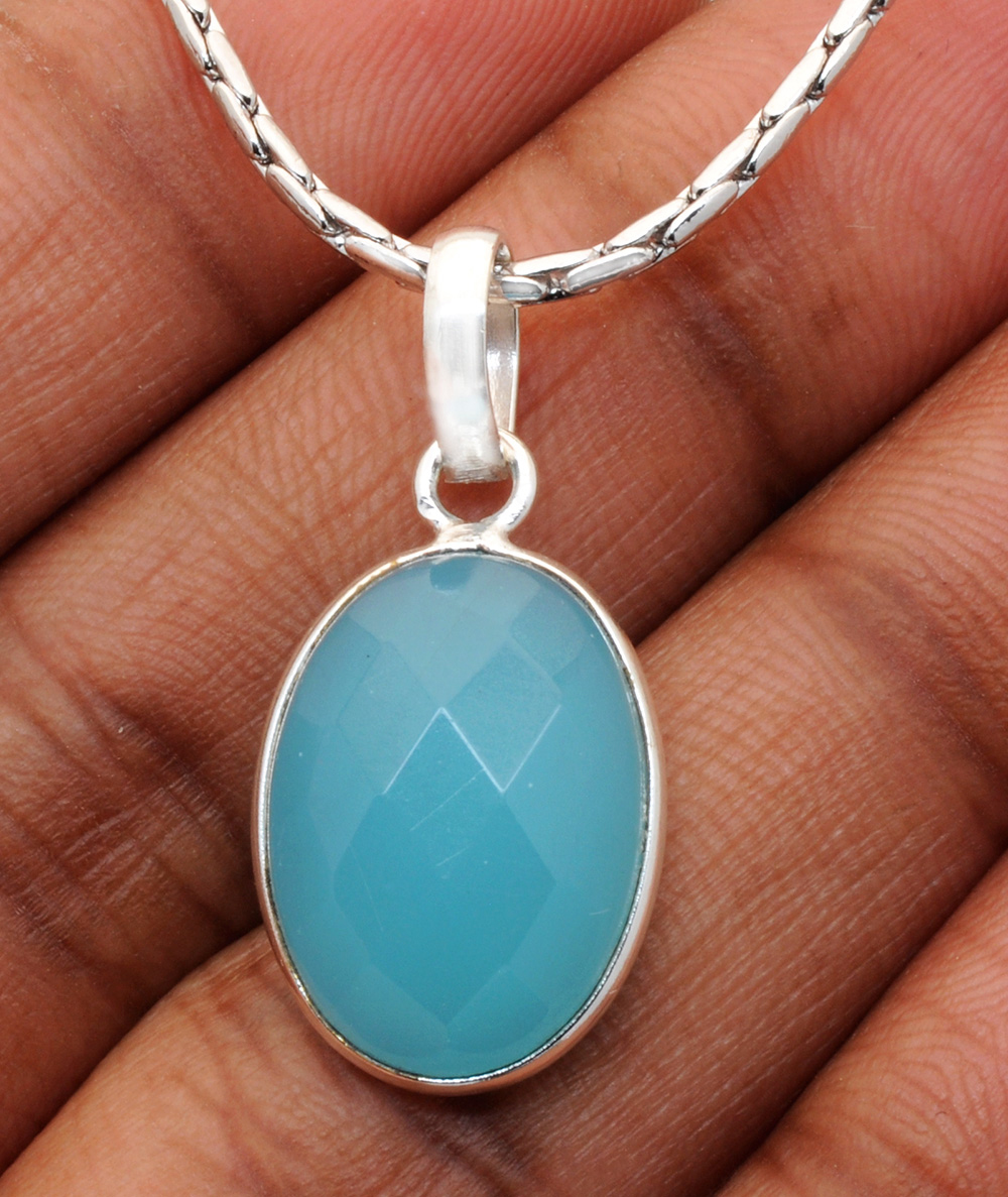 Blue Chalcedony Stone Studded Pendant In .925 Silver Overlay GP4904