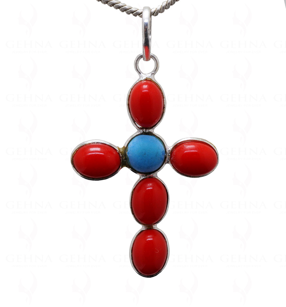 Turquoise & Jasper Color Stone Studded Cross Shaped Pendant – Gp5127