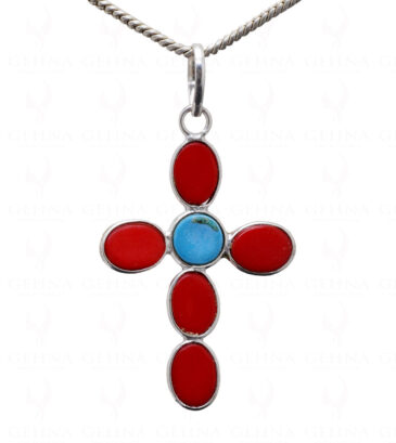 Turquoise & Jasper Color Stone Studded Cross Shaped Pendant – Gp5127