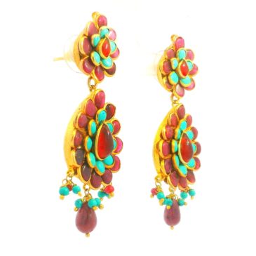Ruby & Turquoise Studded Pacchi Art Earrings