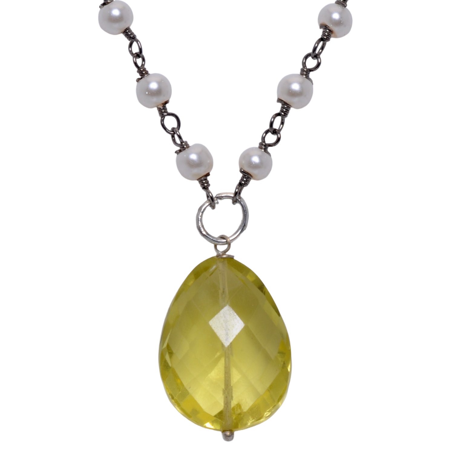 Lemon Topaz Gemstone With Pearl Chain Black Rhodium Plating - Image 4