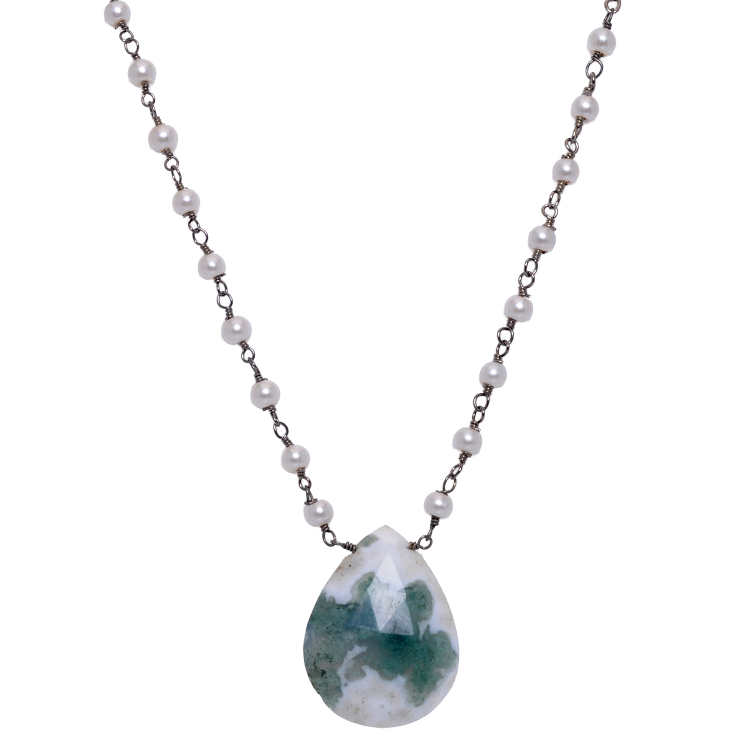 Moss agate gemstone With Pearl Chain Black Rhodium Plating - Image 4