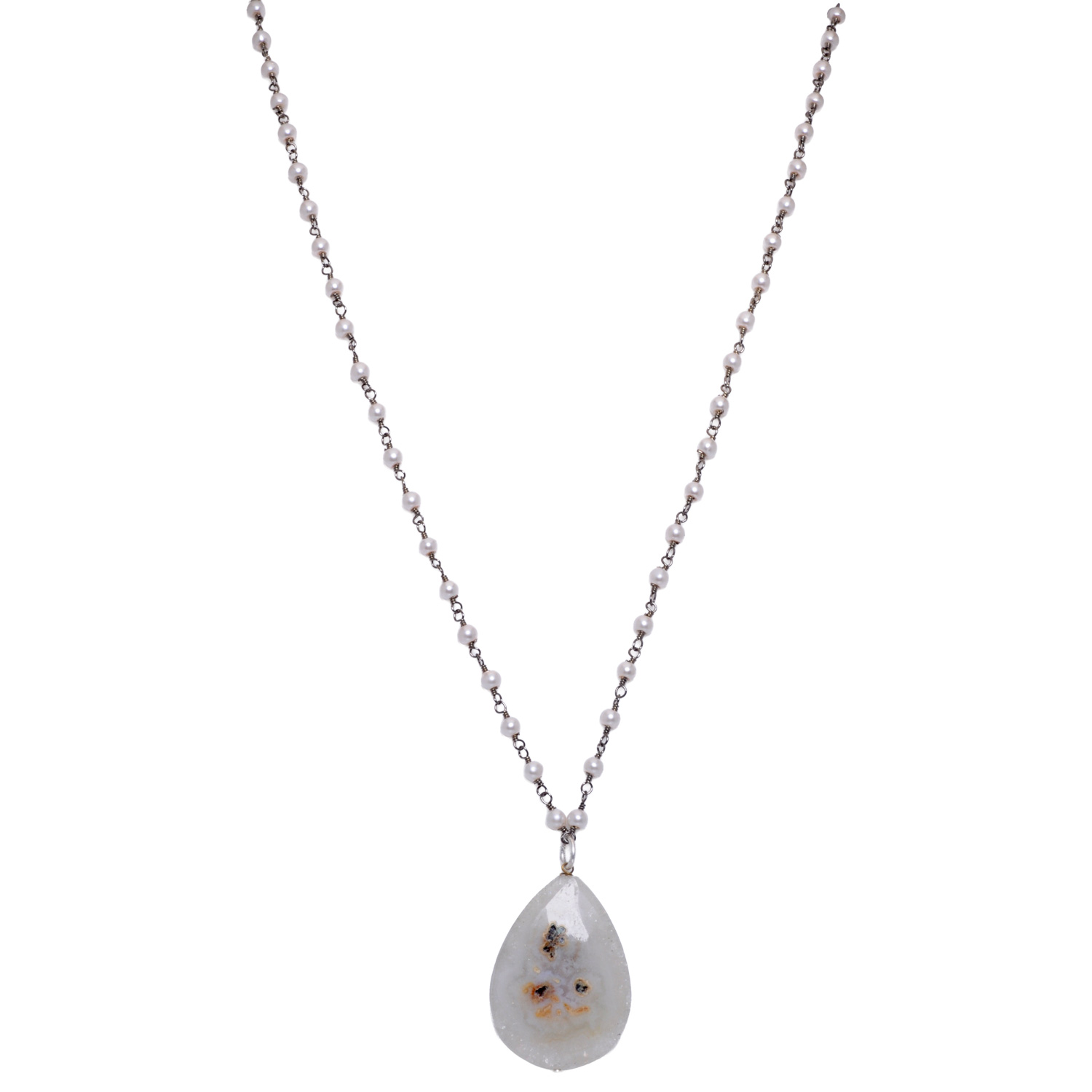 Solar quartz Gemstone With Pearl Chain Black Rhodium Plating