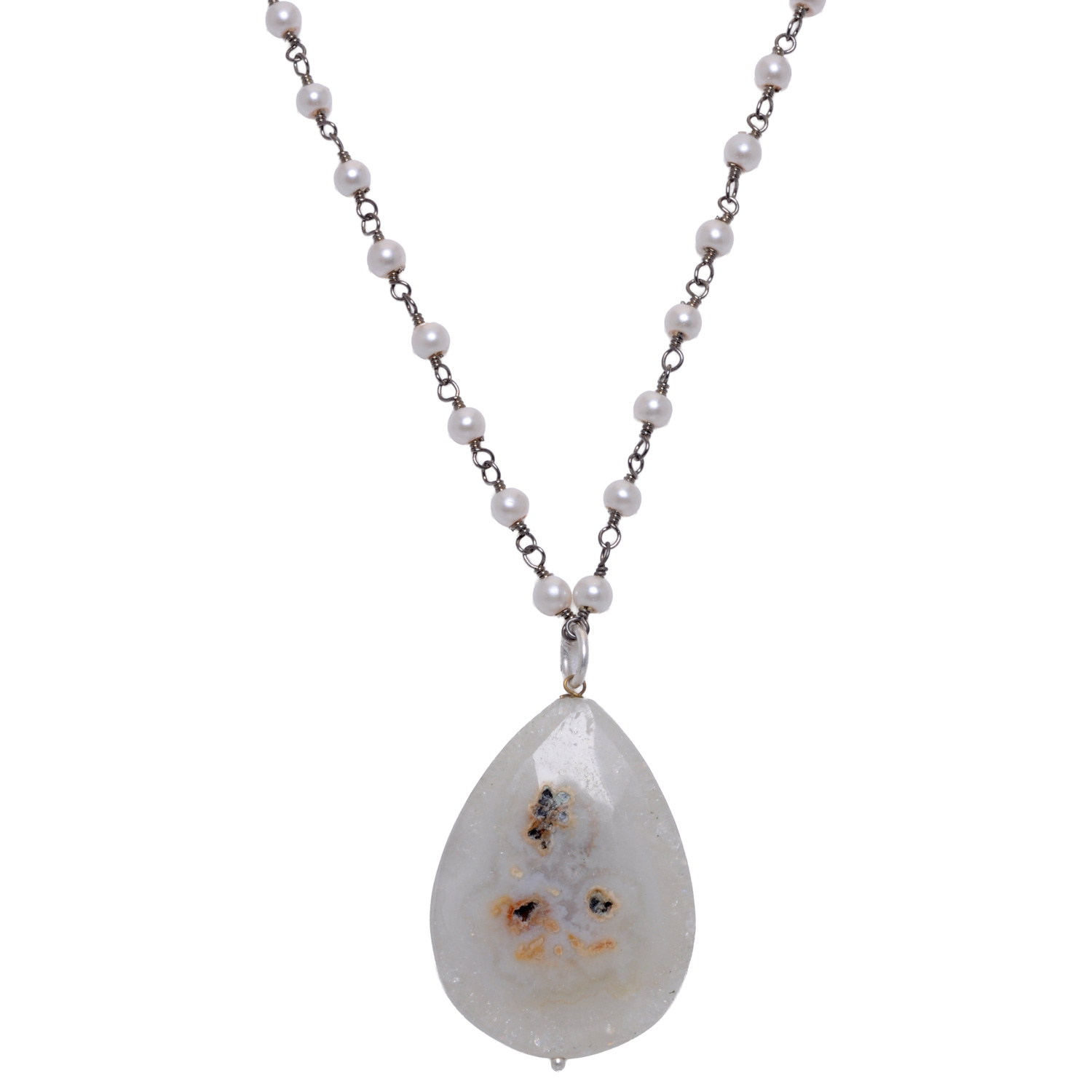 Solar quartz Gemstone With Pearl Chain Black Rhodium Plating - Image 4