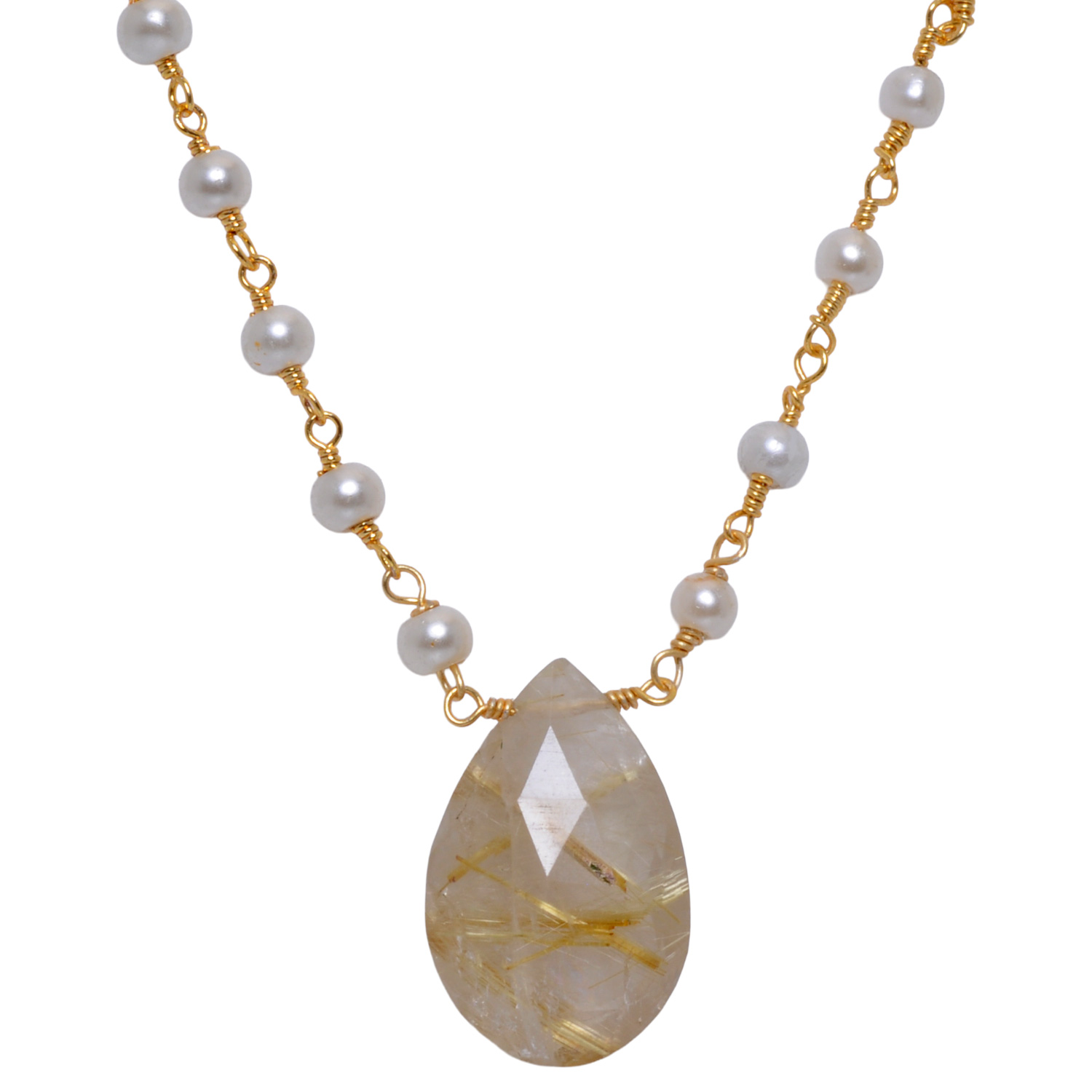 Gold Rutile quatz Gemstone With Pearl Chain Yellow Rhodium Plating - Image 4