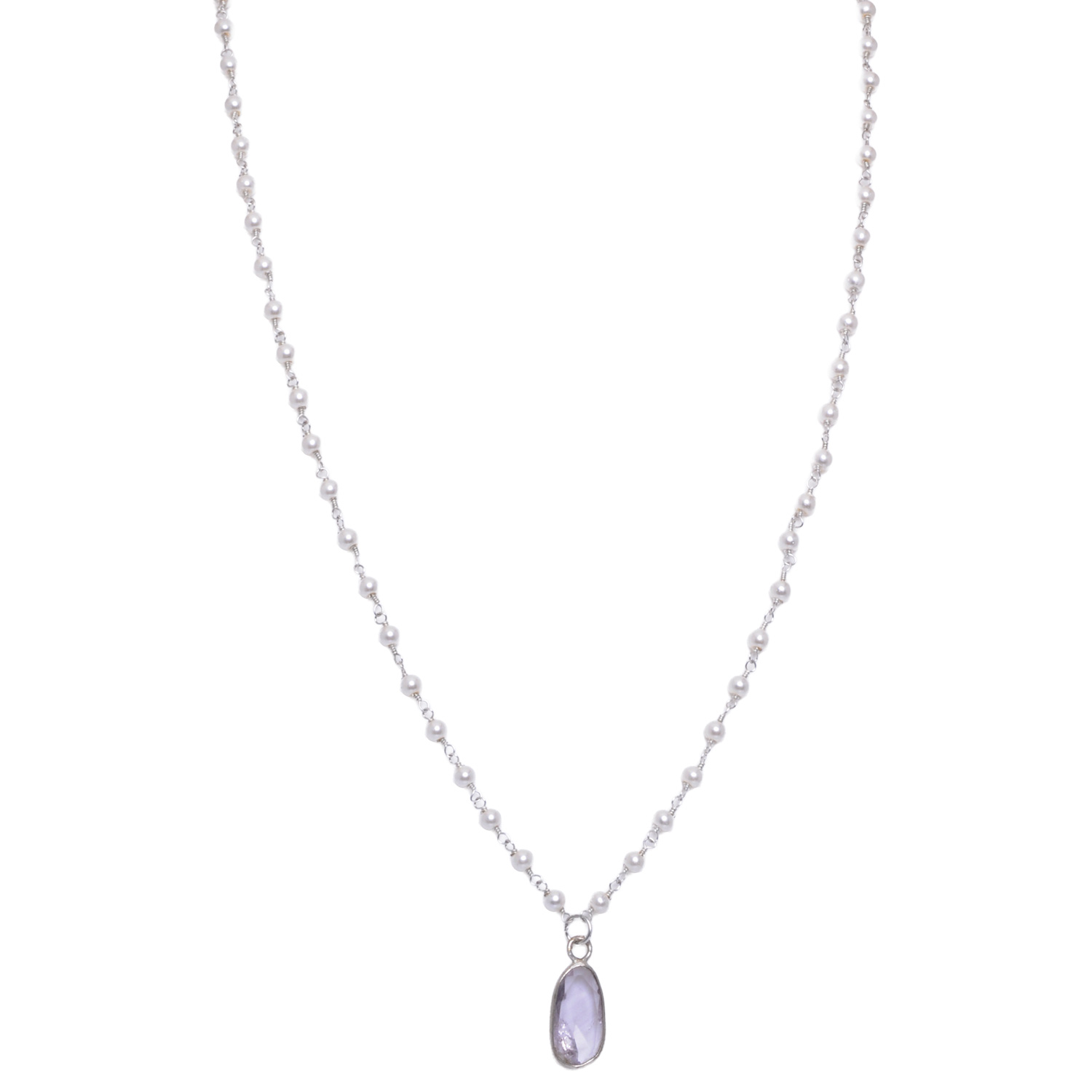 Morganite Gemstone With Pearl Chain White Rhodium Plating