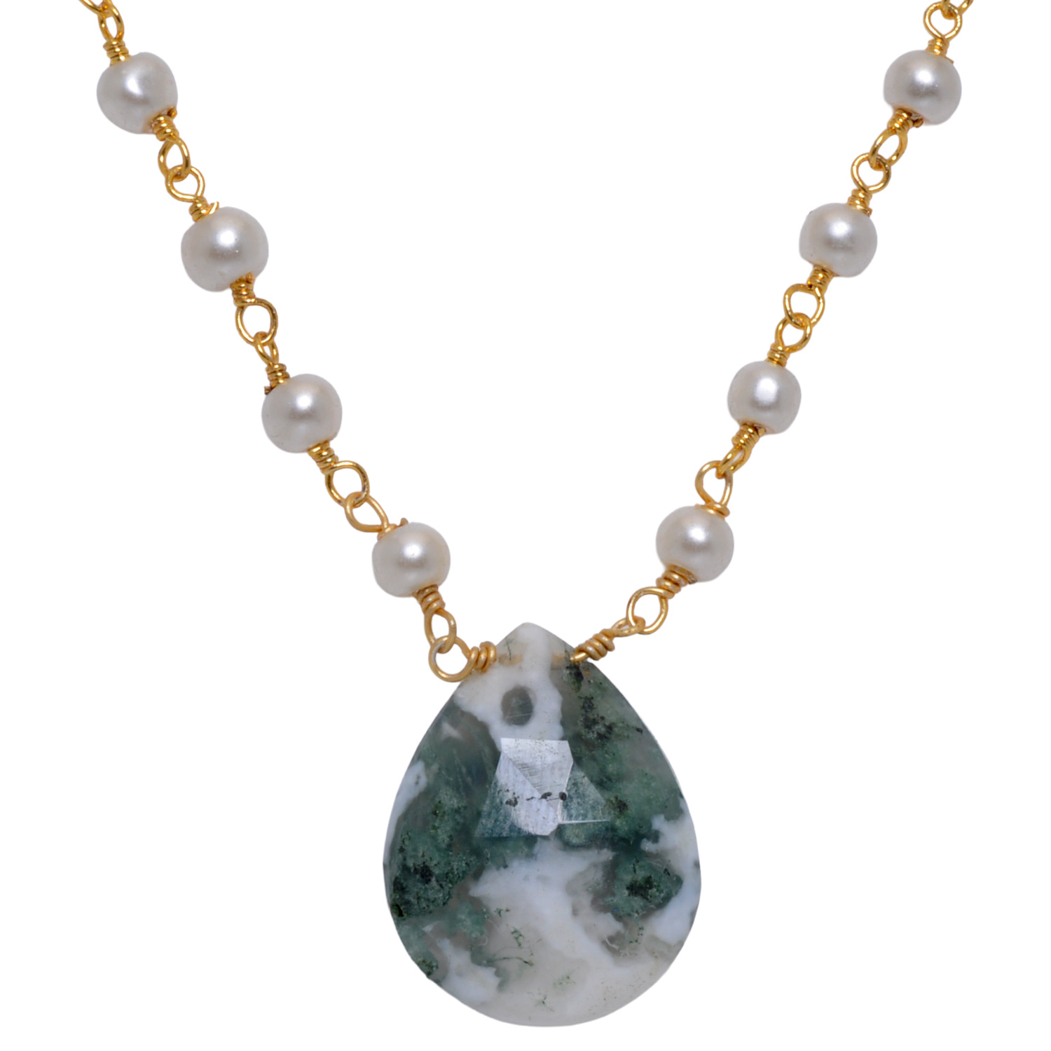 Moss agate gemstone With Pearl Chain Yellow Rhodium Plating - Image 4