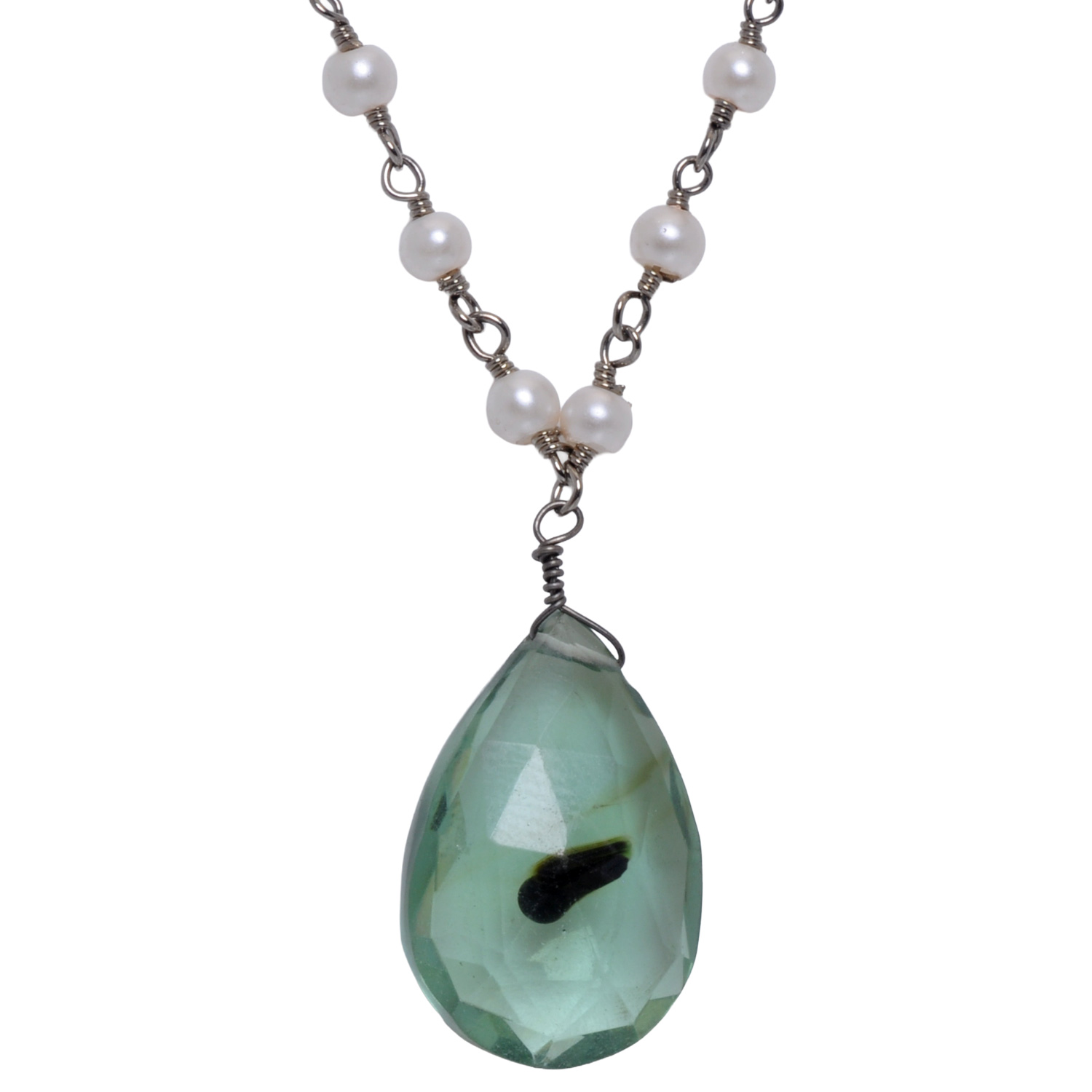 Fluorite Gemstone With Pearl Chain Black Rhodium Plating - Image 4