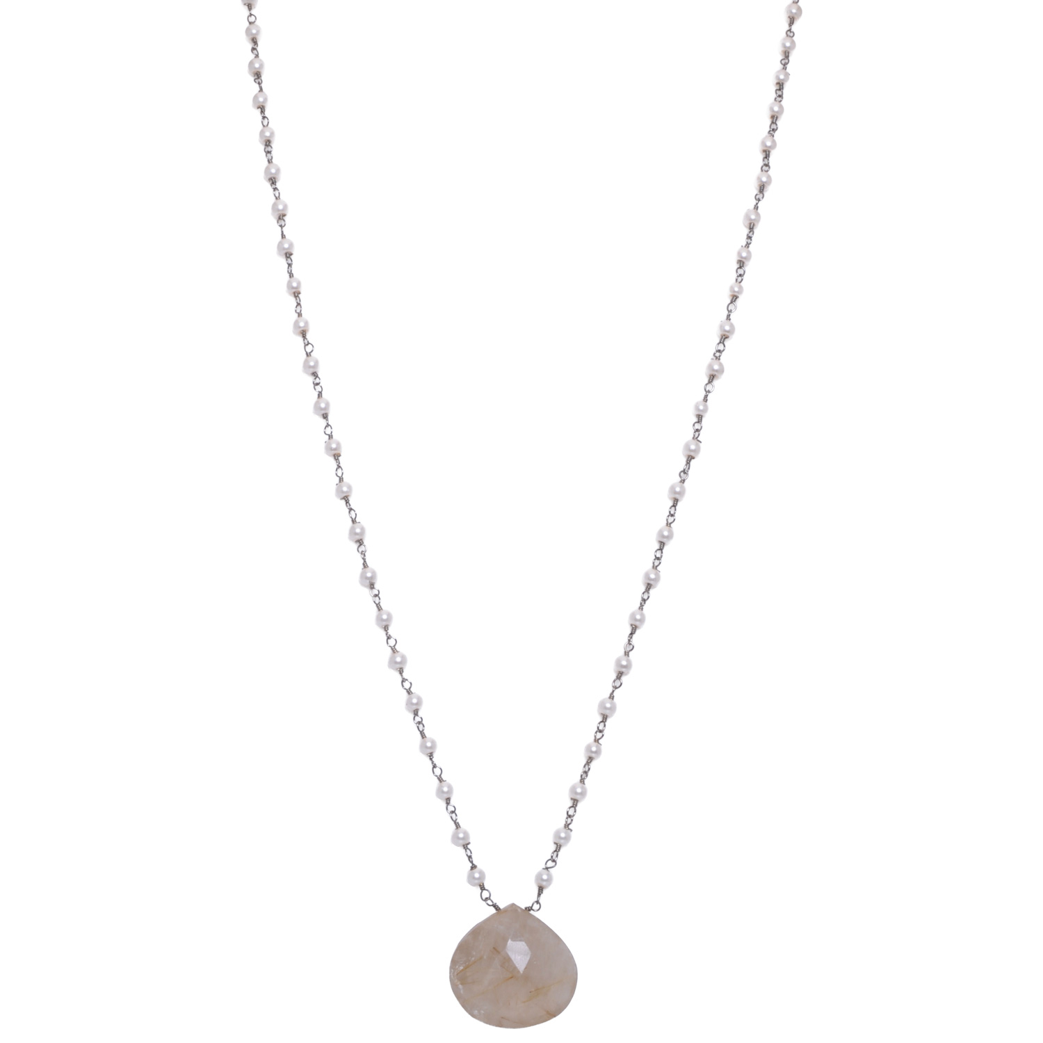 Gold Rutile quatz Gemstone With Pearl Chain Black Rhodium Plating