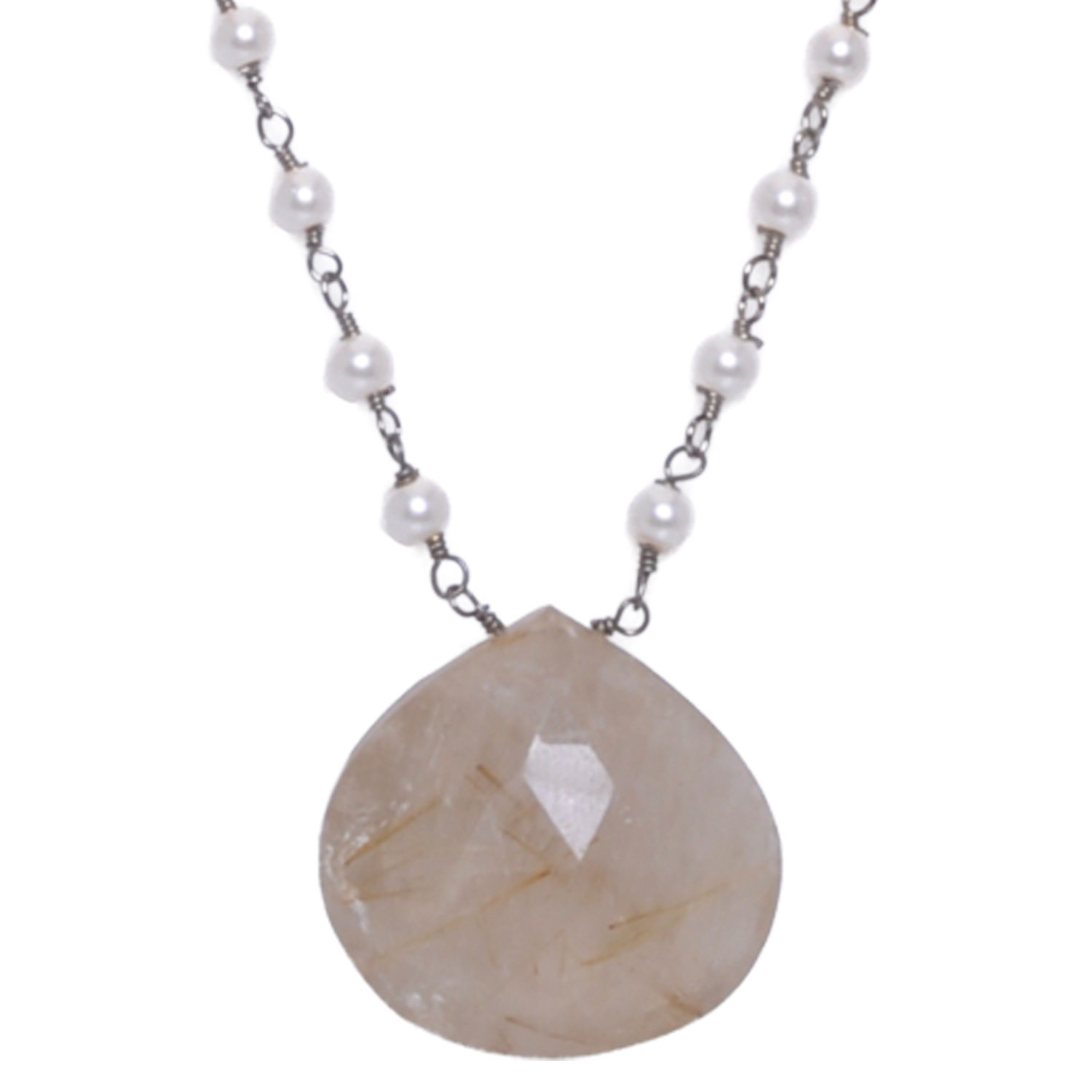 Gold Rutile quatz Gemstone With Pearl Chain Black Rhodium Plating - Image 4