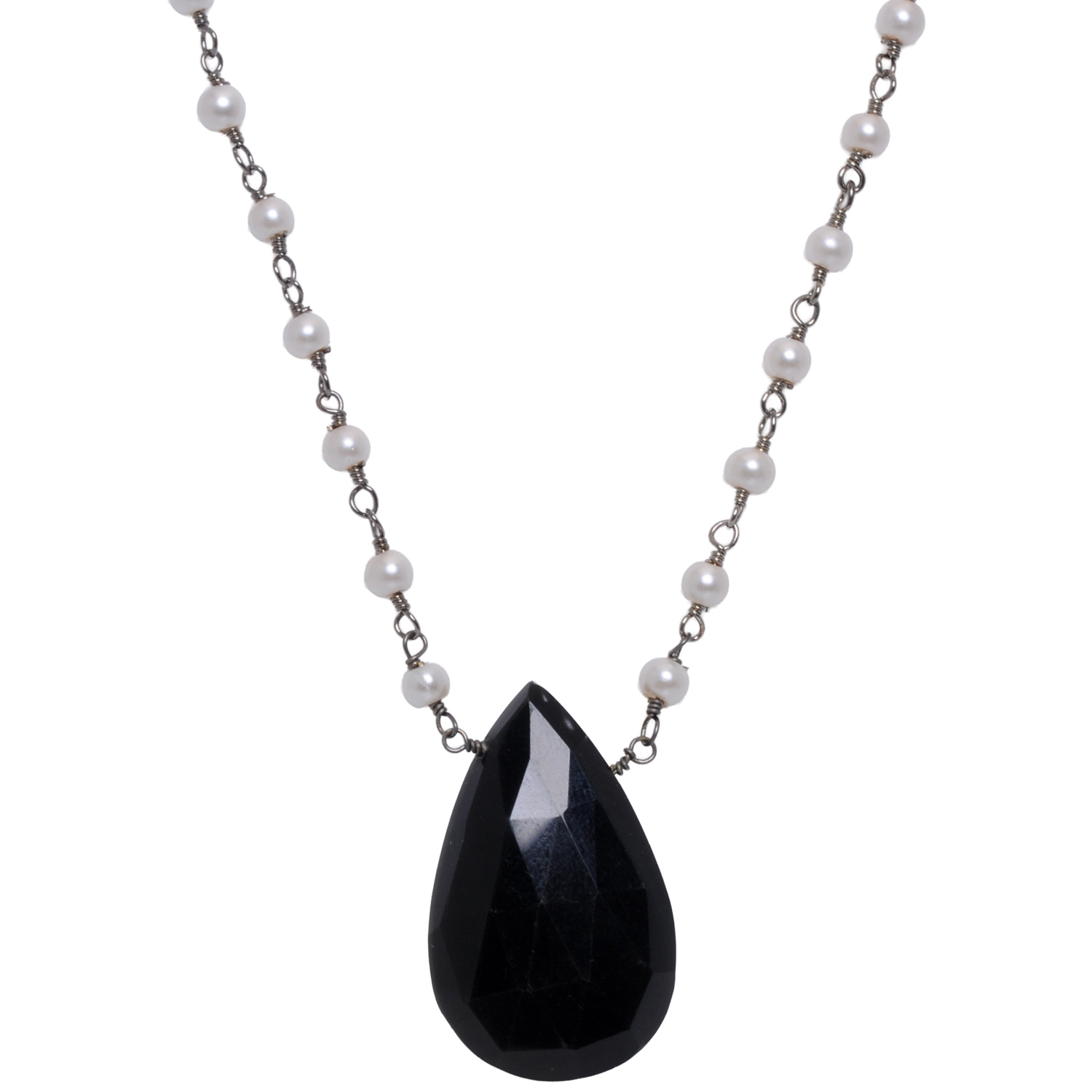 Black Tourmaline Gemstone With Pearl Chain Black Rhodium Plating - Image 4