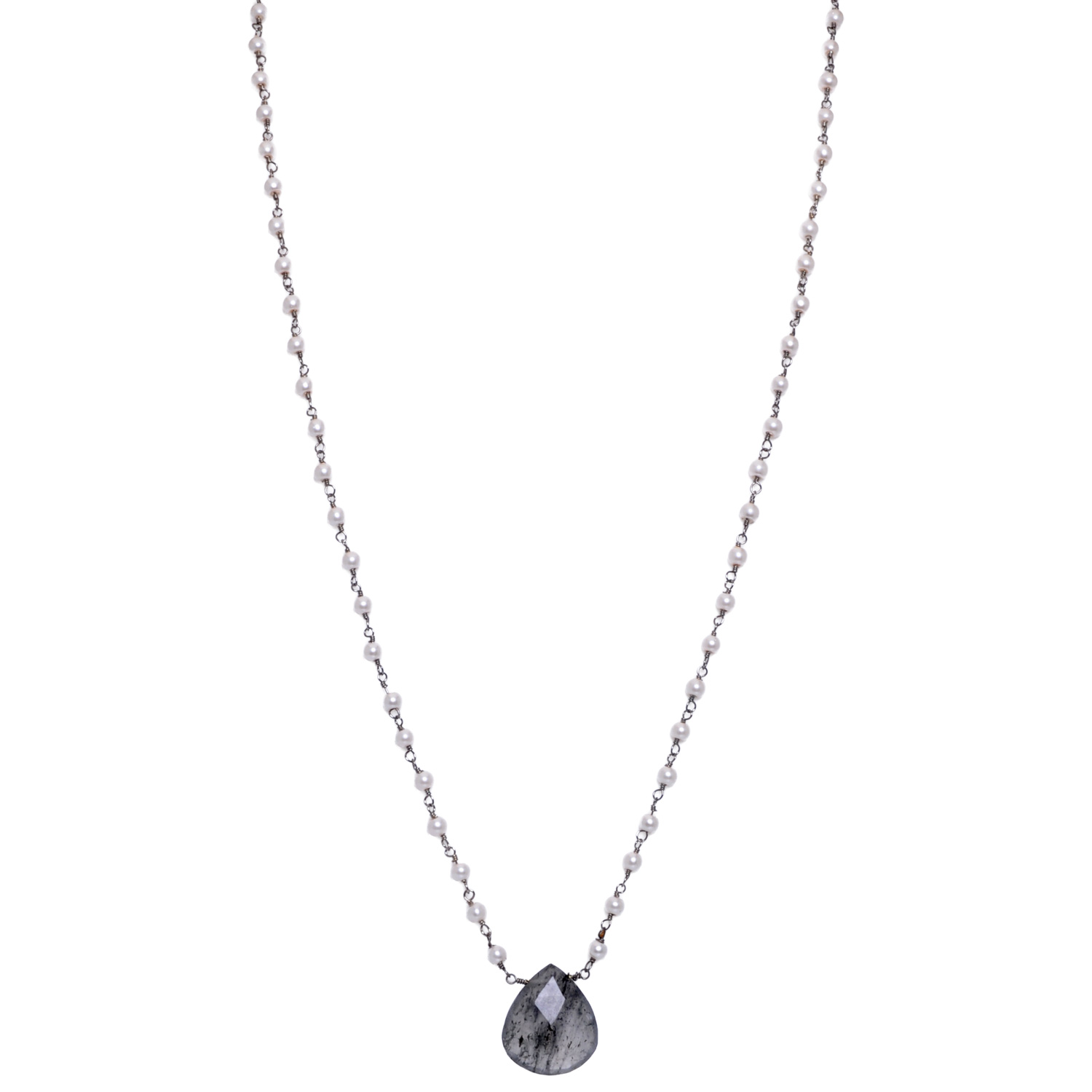 Rutile quatz Gemstone With Pearl Chain Black Rhodium Plating