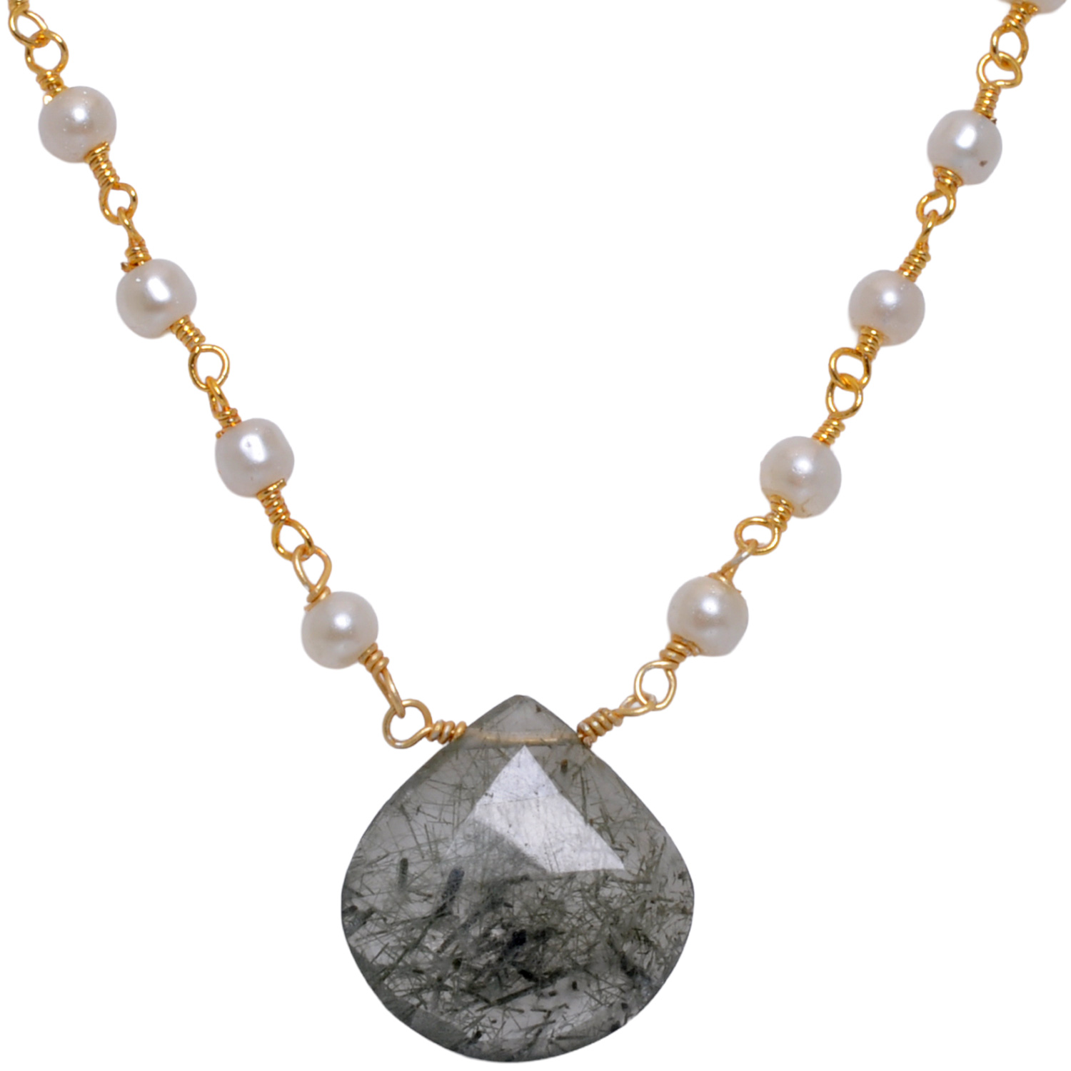 Rutile quatz Gemstone With Pearl Chain Yellow Rhodium Plating - Image 2