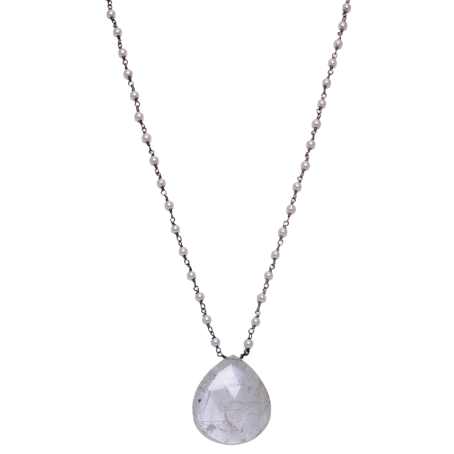 Rutile quatz Gemstone With Pearl Chain Black Rhodium Plating