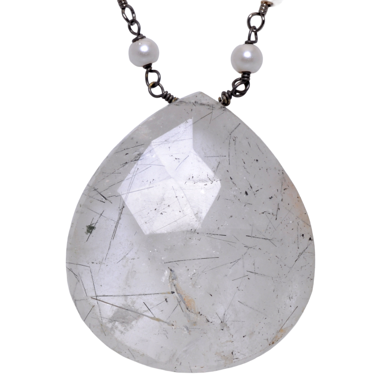 Rutile quatz Gemstone With Pearl Chain Black Rhodium Plating - Image 4